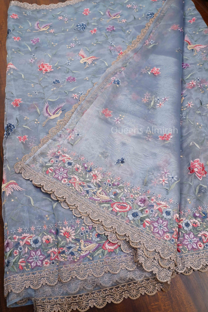 GREY BLUE SILK ORGANZA SAREE - Queens Jewel Emporium