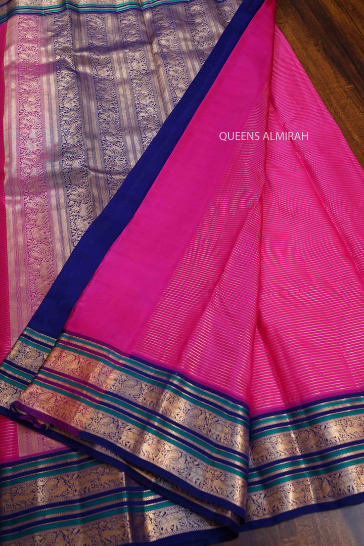 RASPBERRY PINK PURE KANCHIVARAM SILK SAREE - Queens Jewel Emporium