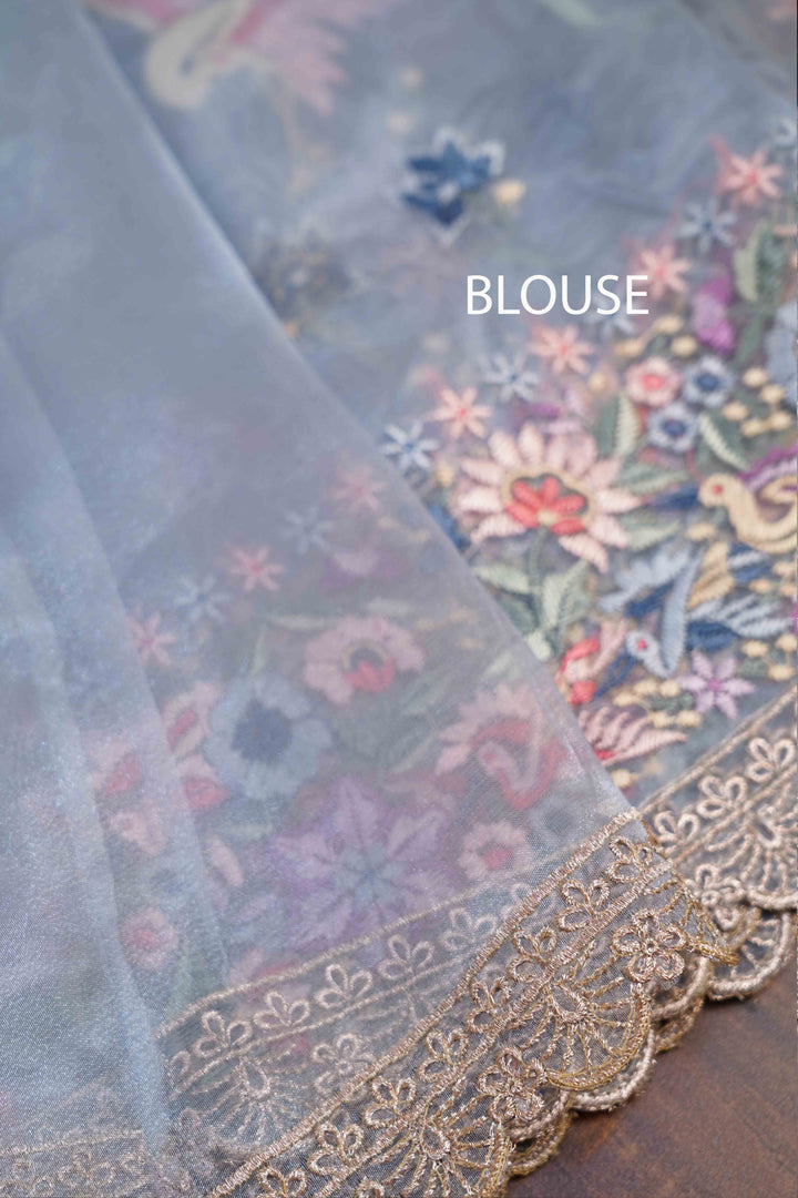 GREY BLUE SILK ORGANZA SAREE - Queens Jewel Emporium