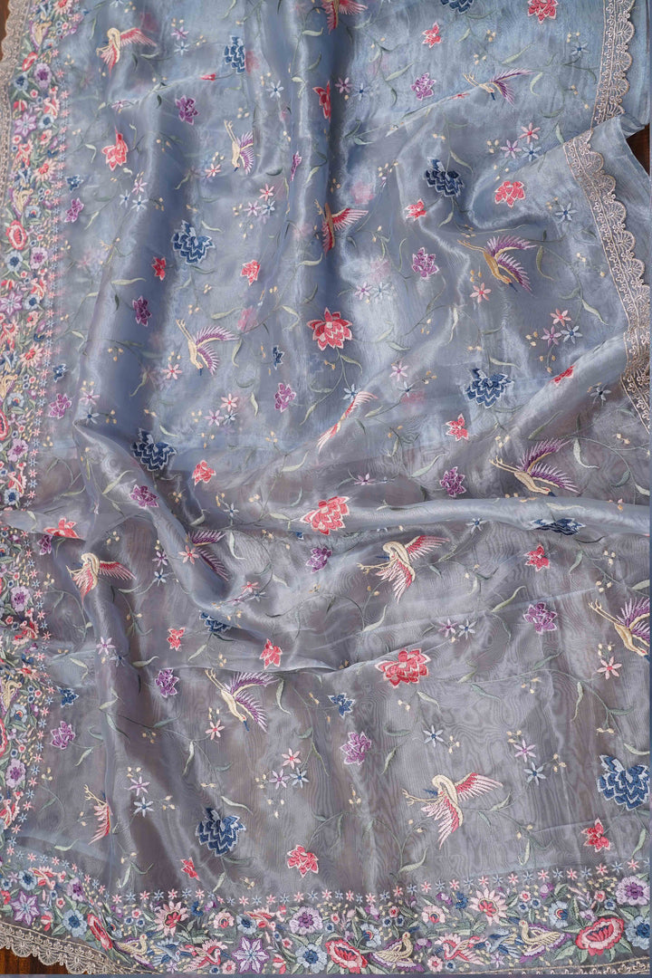 GREY BLUE SILK ORGANZA SAREE - Queens Jewel Emporium