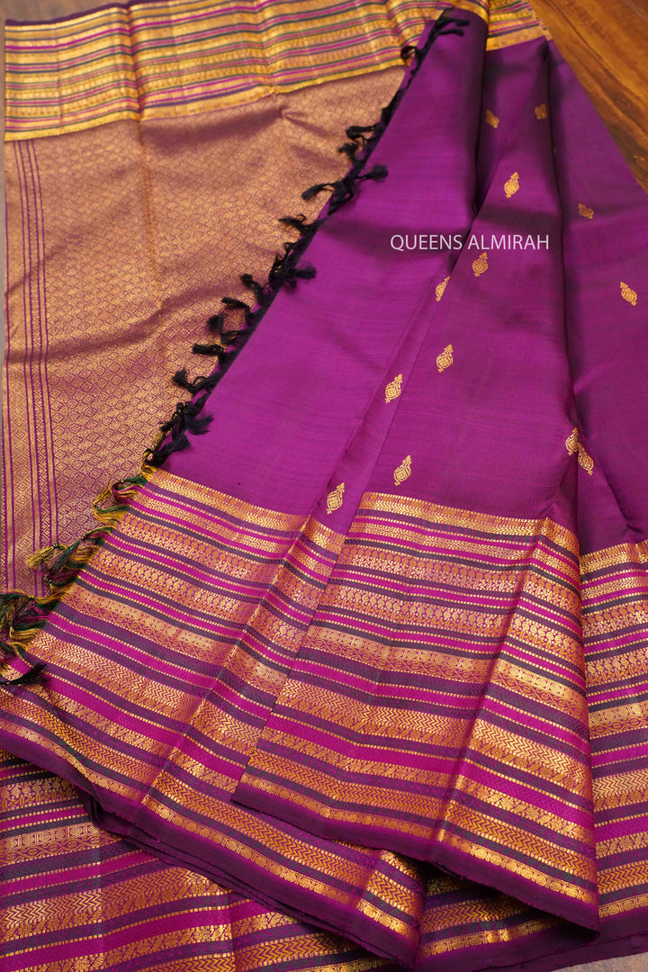 PLUM PURPLE WITH LONG BORDER PURE KANCHIVARAM SILK SAREE - Queens Jewel Emporium