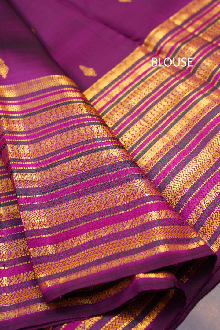 PLUM PURPLE WITH LONG BORDER PURE KANCHIVARAM SILK SAREE - Queens Jewel Emporium