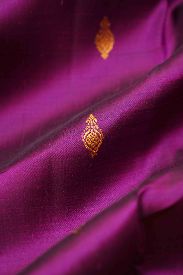 PLUM PURPLE WITH LONG BORDER PURE KANCHIVARAM SILK SAREE - Queens Jewel Emporium