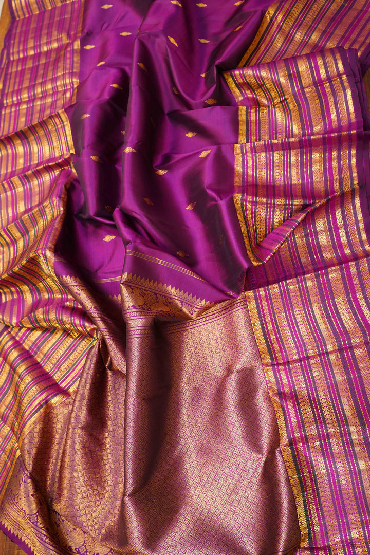 PLUM PURPLE WITH LONG BORDER PURE KANCHIVARAM SILK SAREE - Queens Jewel Emporium