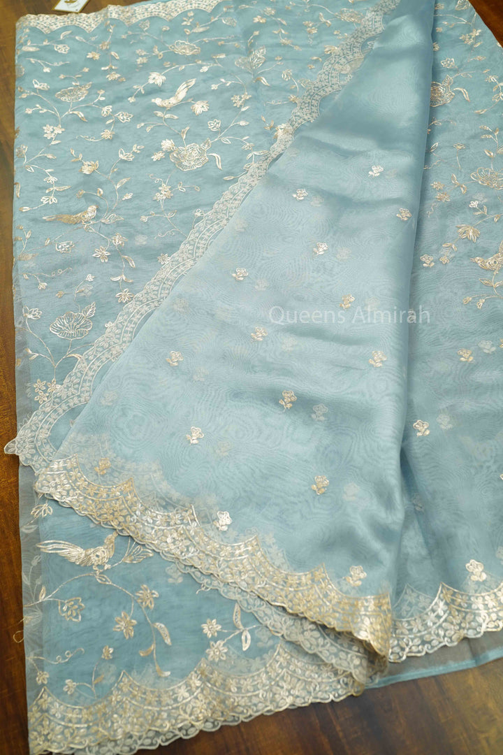 PASTEL BLUE SILK ORGANZA SAREE - Queens Jewel Emporium