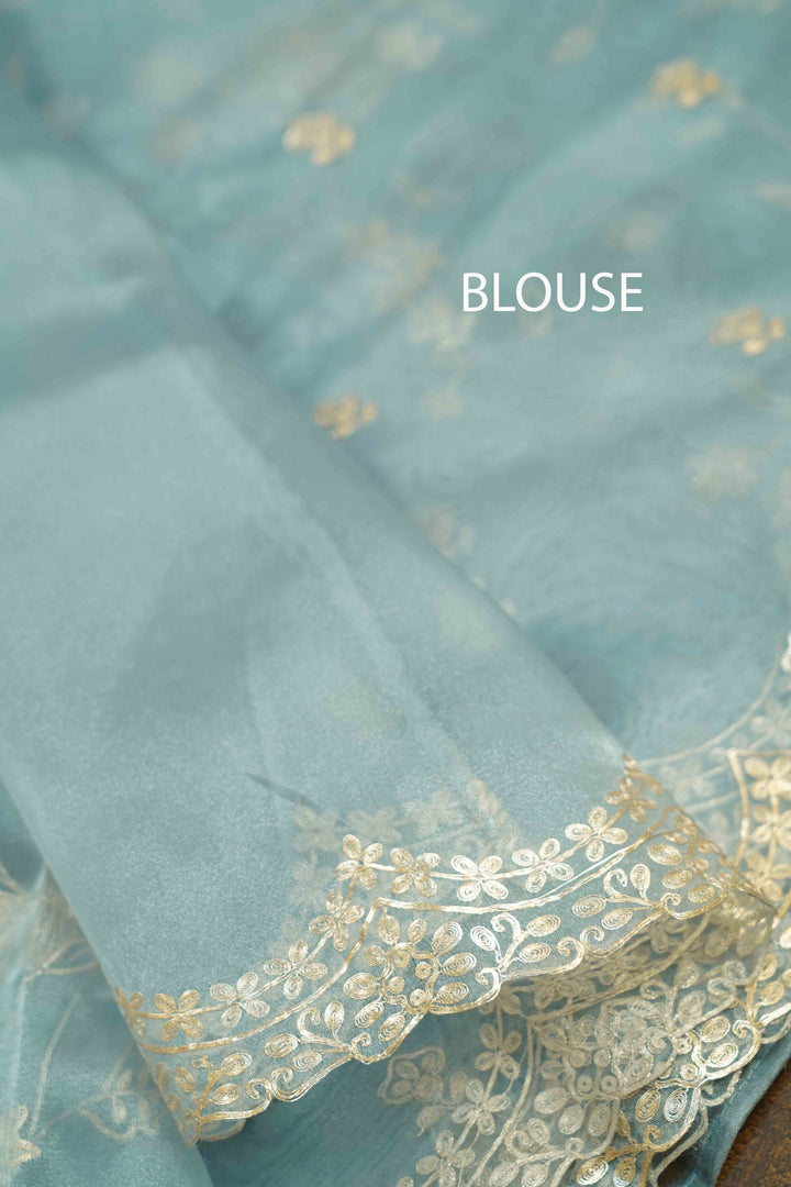 PASTEL BLUE SILK ORGANZA SAREE - Queens Jewel Emporium