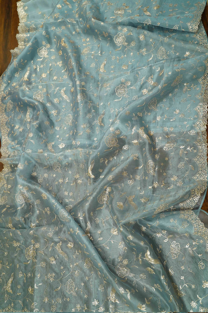 PASTEL BLUE SILK ORGANZA SAREE - Queens Jewel Emporium