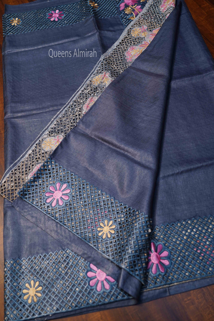 DARK GREY BLUE  TUSSAR SILK SAREE - Queens Jewel Emporium
