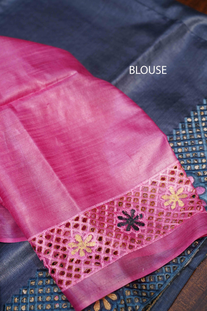DARK GREY BLUE  TUSSAR SILK SAREE - Queens Jewel Emporium