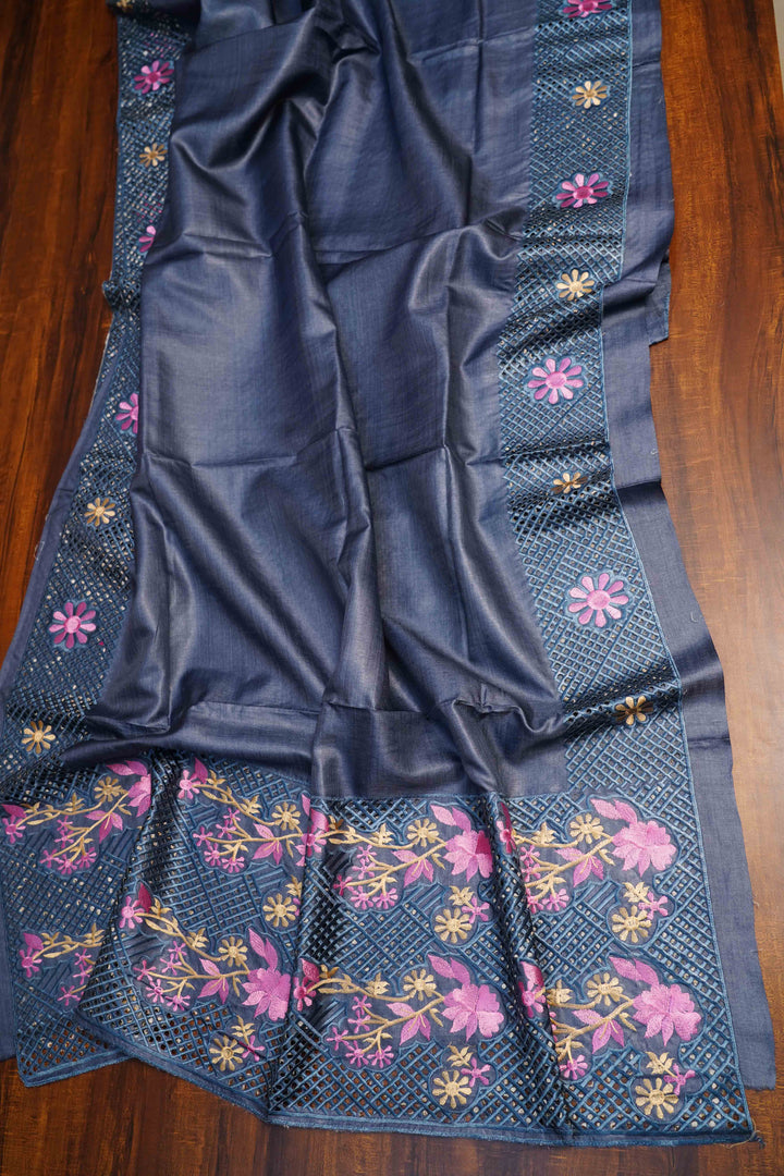 DARK GREY BLUE  TUSSAR SILK SAREE - Queens Jewel Emporium