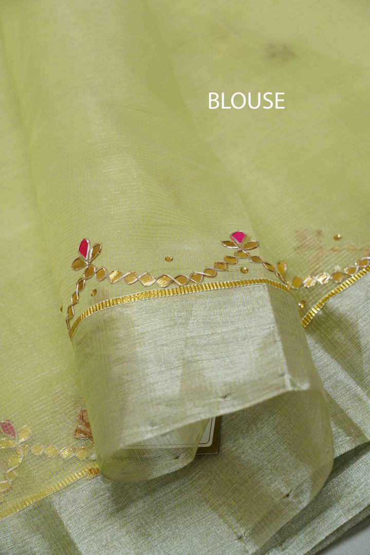 DUSKY GREEN KOTA TISSUE SAREE - Queens Jewel Emporium