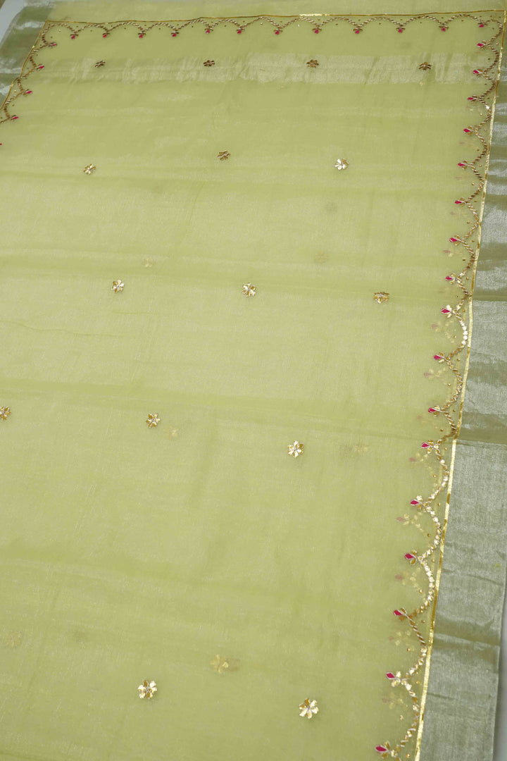 DUSKY GREEN KOTA TISSUE SAREE - Queens Jewel Emporium