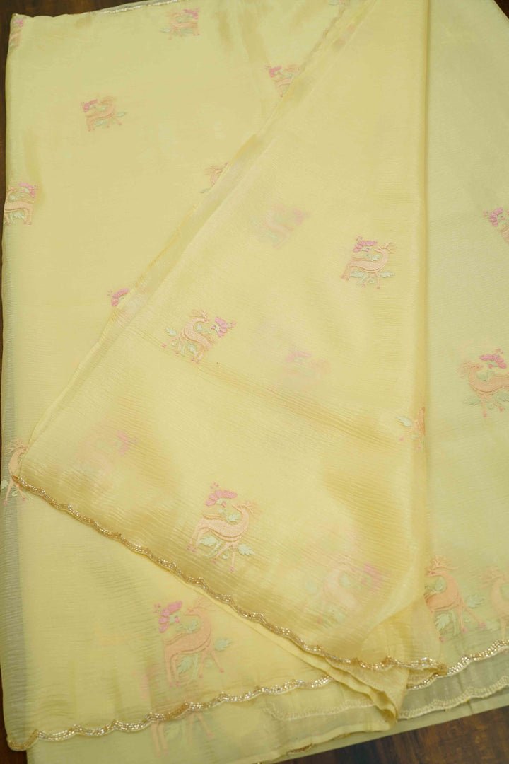 PEACH YELLOW GLASS TISSUE SAREE - Queens Jewel Emporium