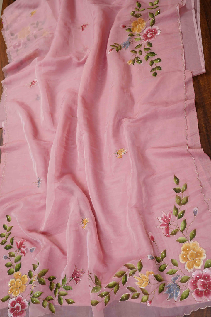 BABY PINK SILK ORGANZA SAREE - Queens Jewel Emporium
