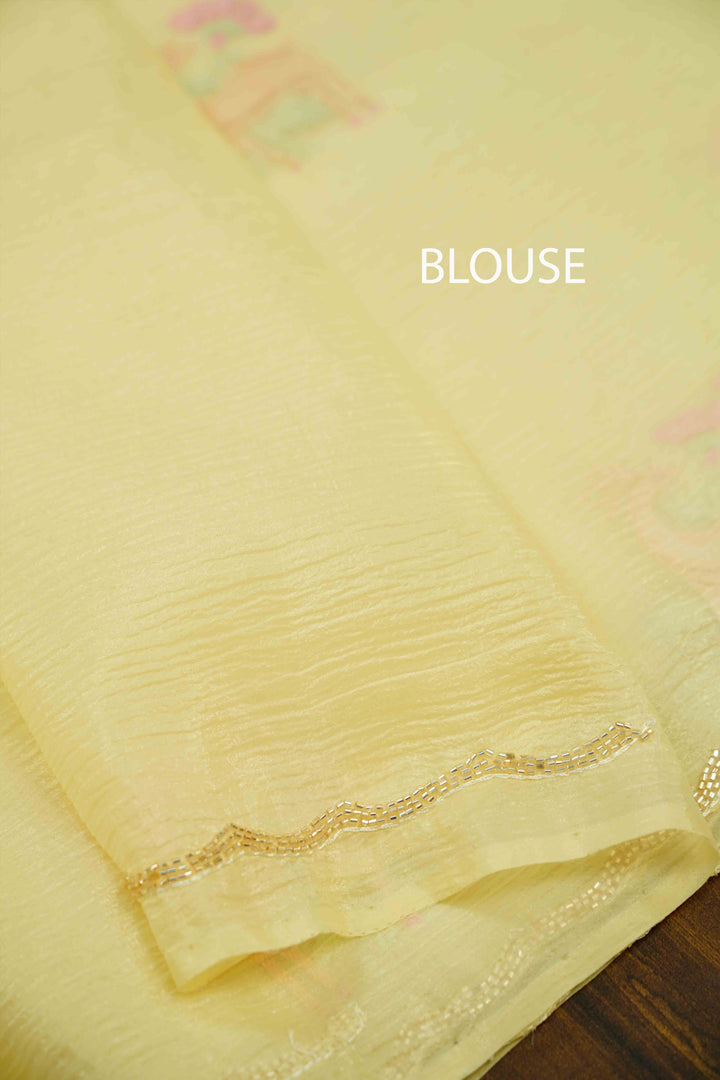 PEACH YELLOW GLASS TISSUE SAREE - Queens Jewel Emporium