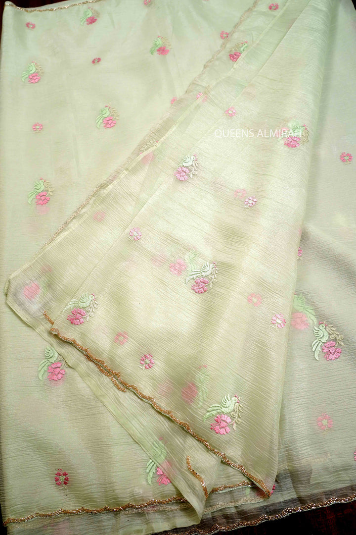 DUSKY GREEN GLASS TISSUE SAREE - Queens Jewel Emporium