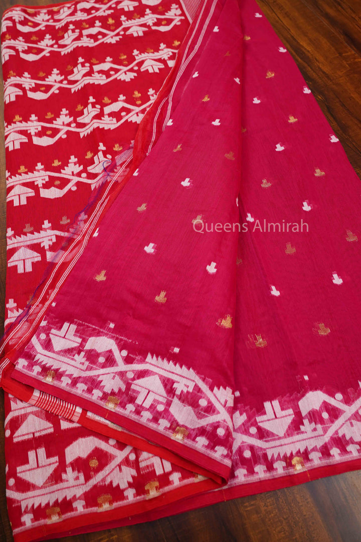 CHERRY RED JAMDANI COTTON SAREE - Queens Jewel Emporium