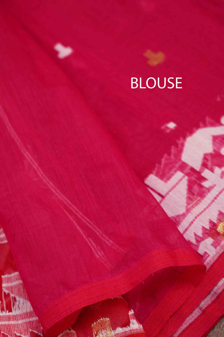 CHERRY RED JAMDANI COTTON SAREE - Queens Jewel Emporium