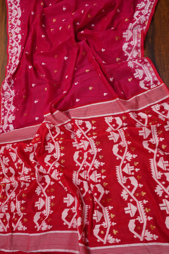 CHERRY RED JAMDANI COTTON SAREE - Queens Jewel Emporium