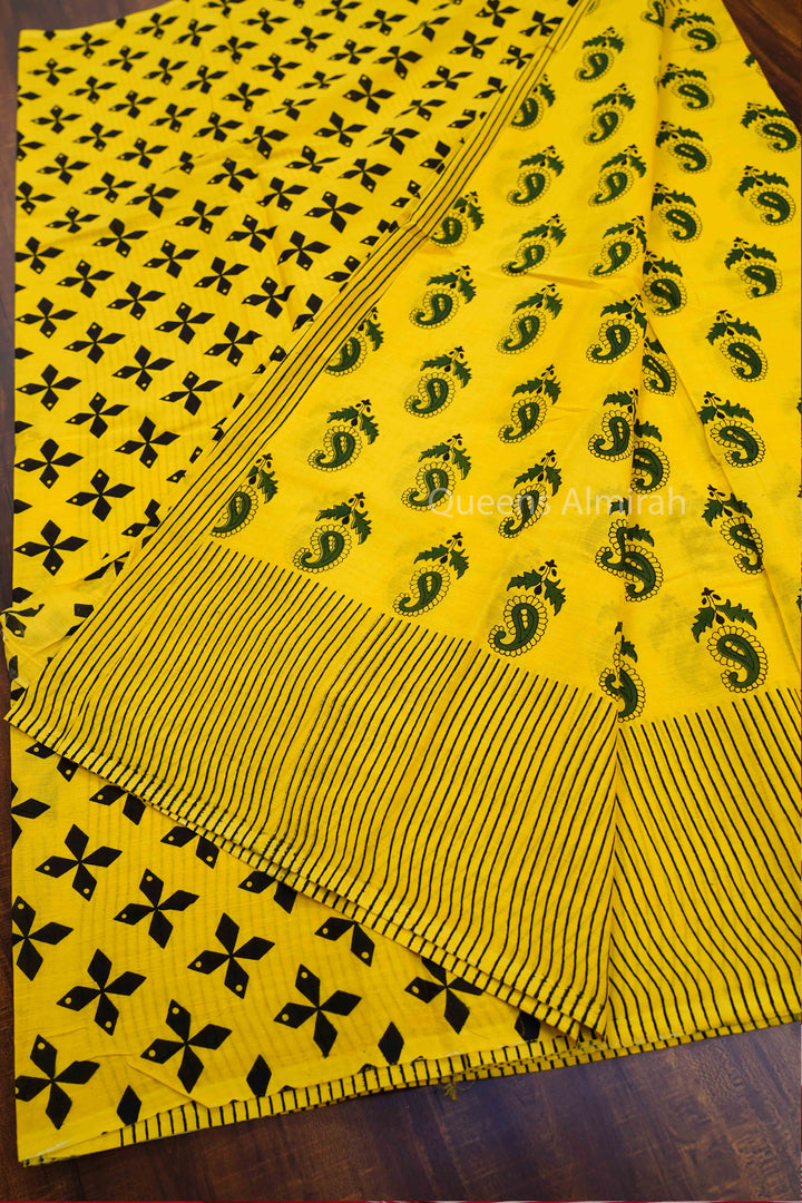 MANGO YELLOW MULMUL COTTON SAREE - Queens Jewel Emporium