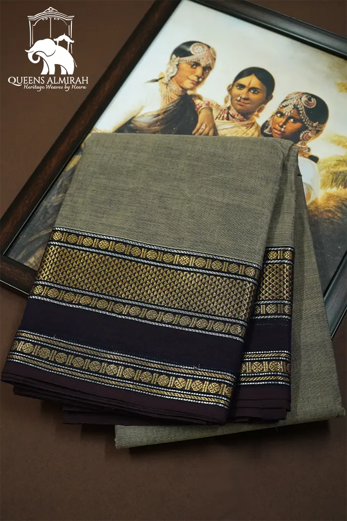 SANDSTONE WITH WOODSMOKE  KANCHI COTTON SAREE - Queens Jewel Emporium