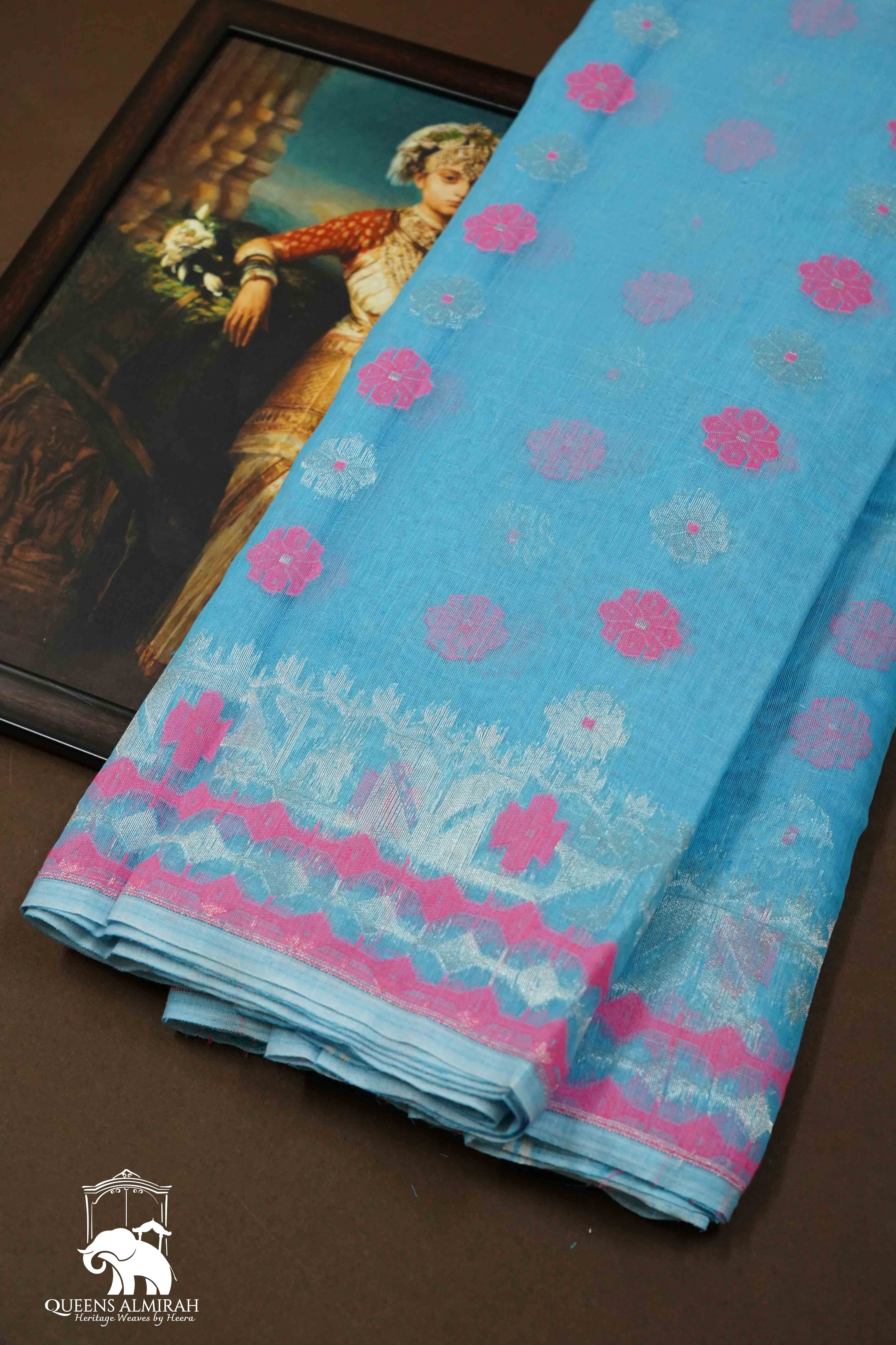 SEA BLUE JAMDANI COTTON SAREE - Queens Jewel Emporium