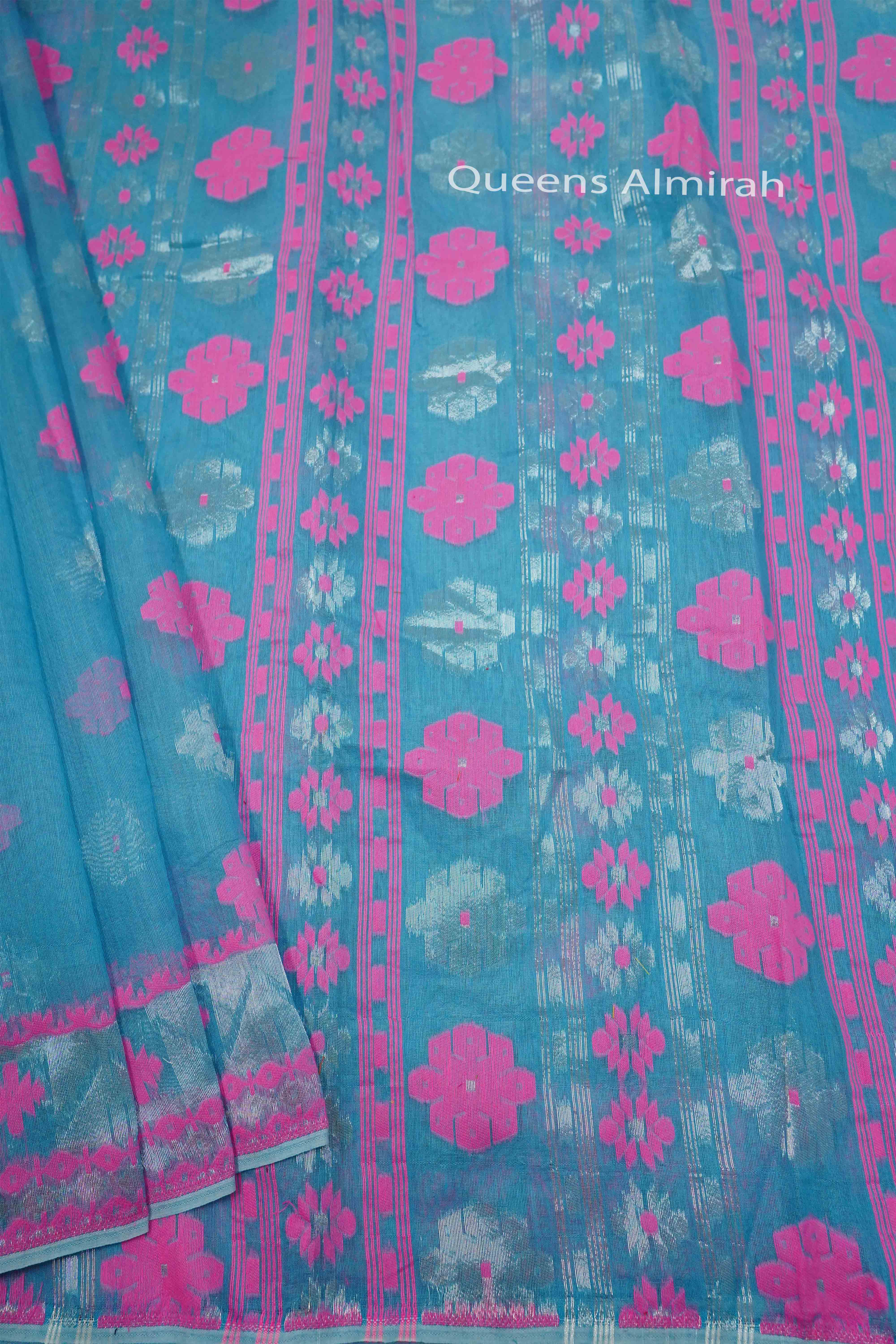 SEA BLUE JAMDANI COTTON SAREE - Queens Jewel Emporium
