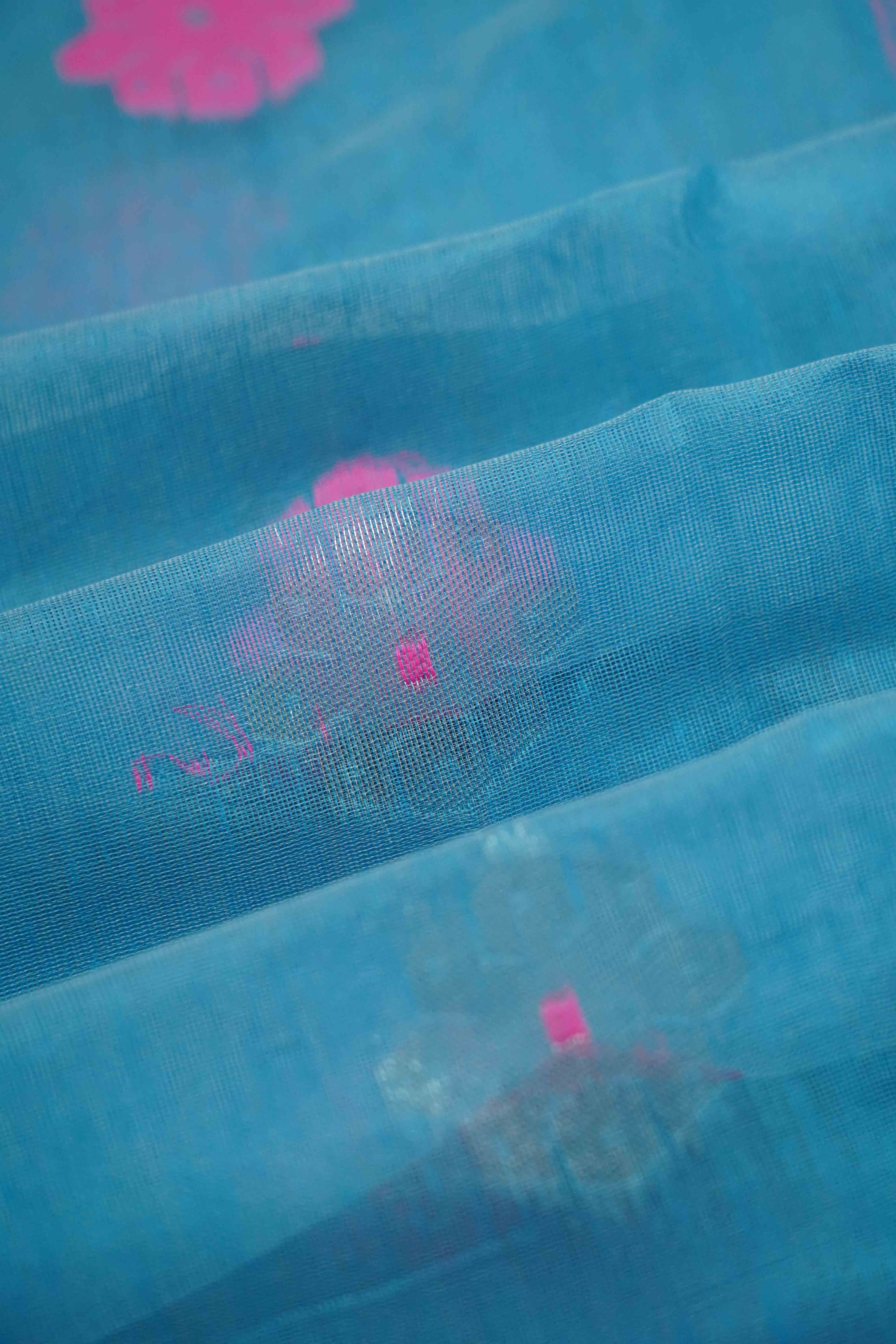 SEA BLUE JAMDANI COTTON SAREE - Queens Jewel Emporium