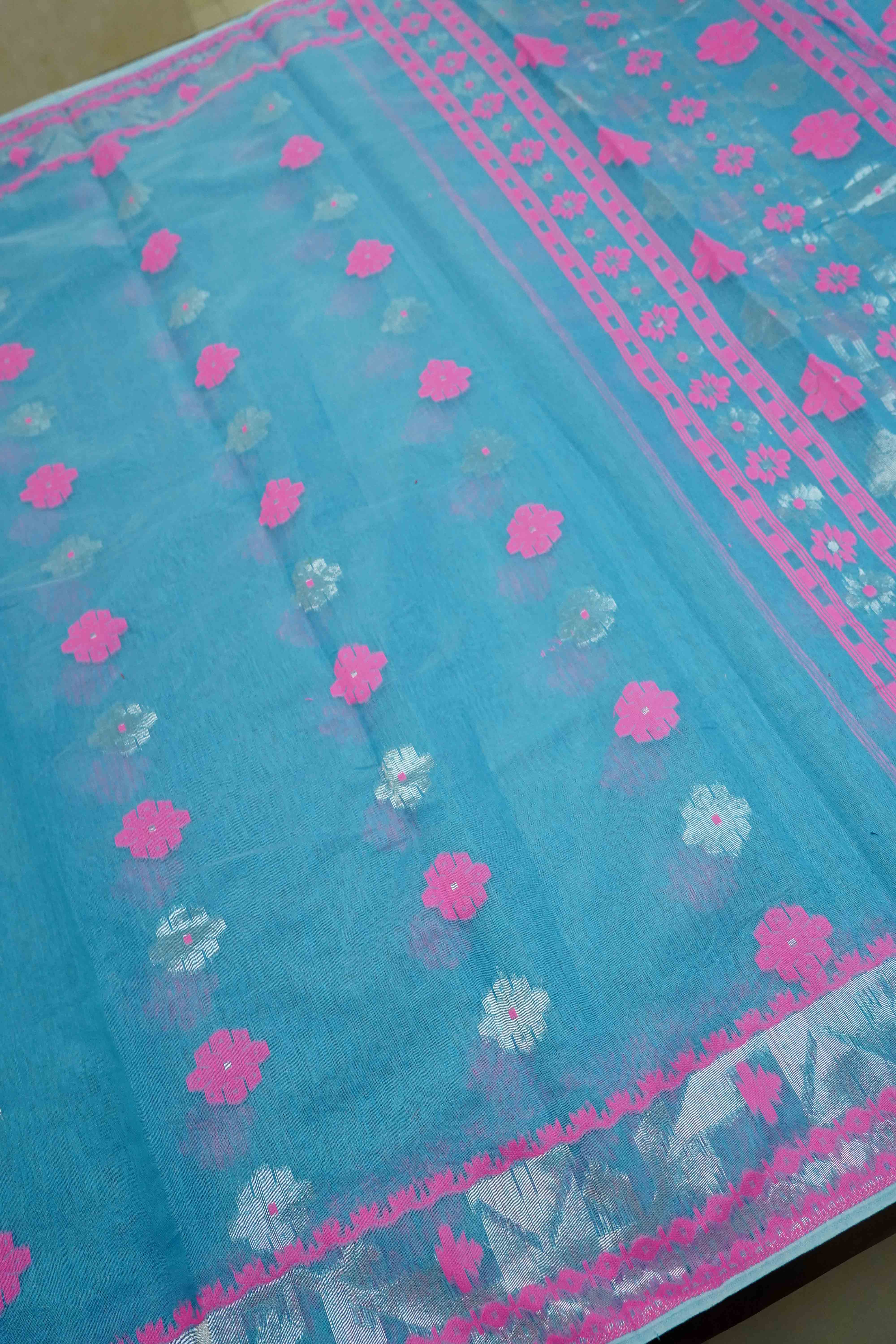SEA BLUE JAMDANI COTTON SAREE - Queens Jewel Emporium