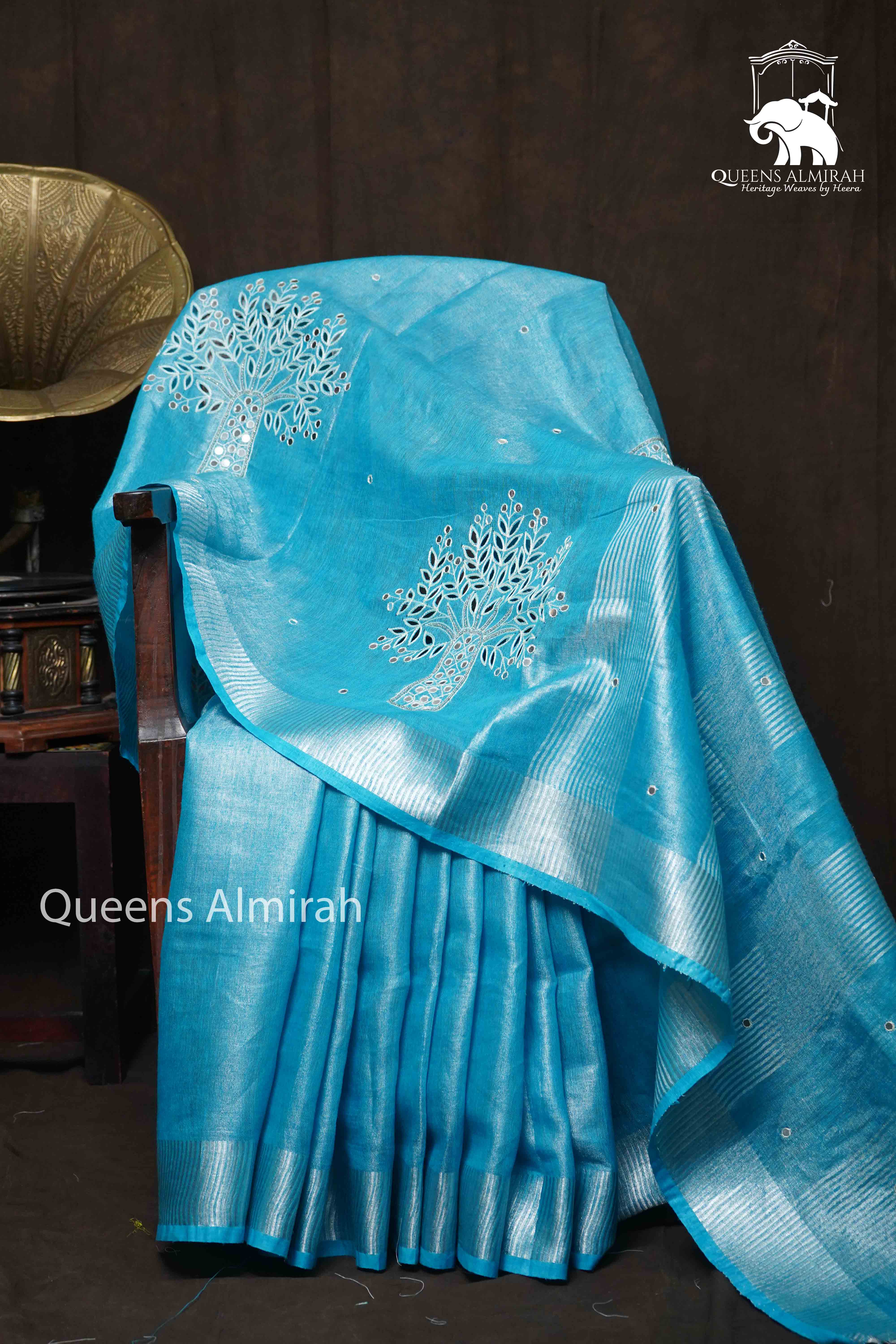 SEA BLUE LINEN TISSUE SAREE - Queens Jewel Emporium