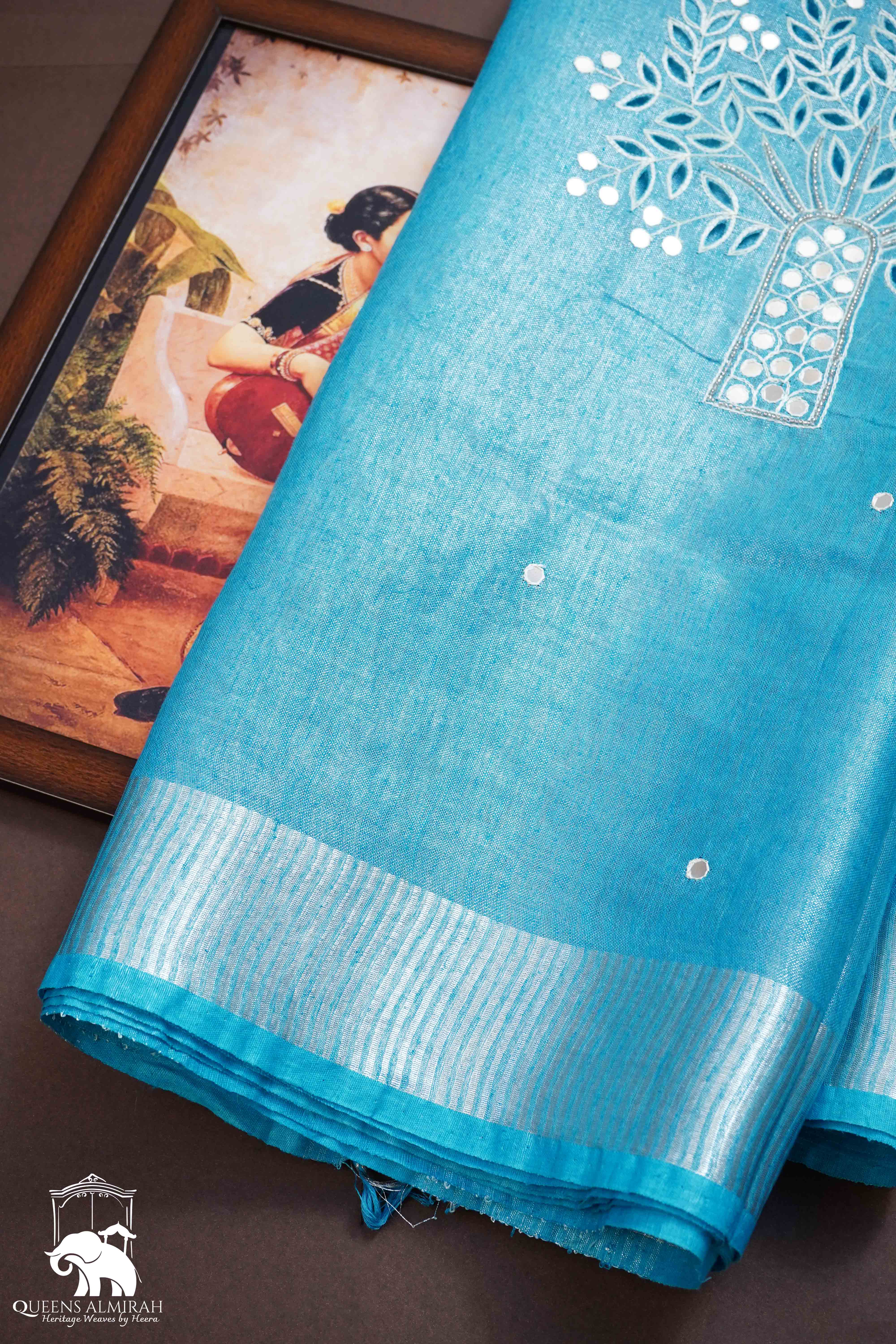 SEA BLUE LINEN TISSUE SAREE - Queens Jewel Emporium