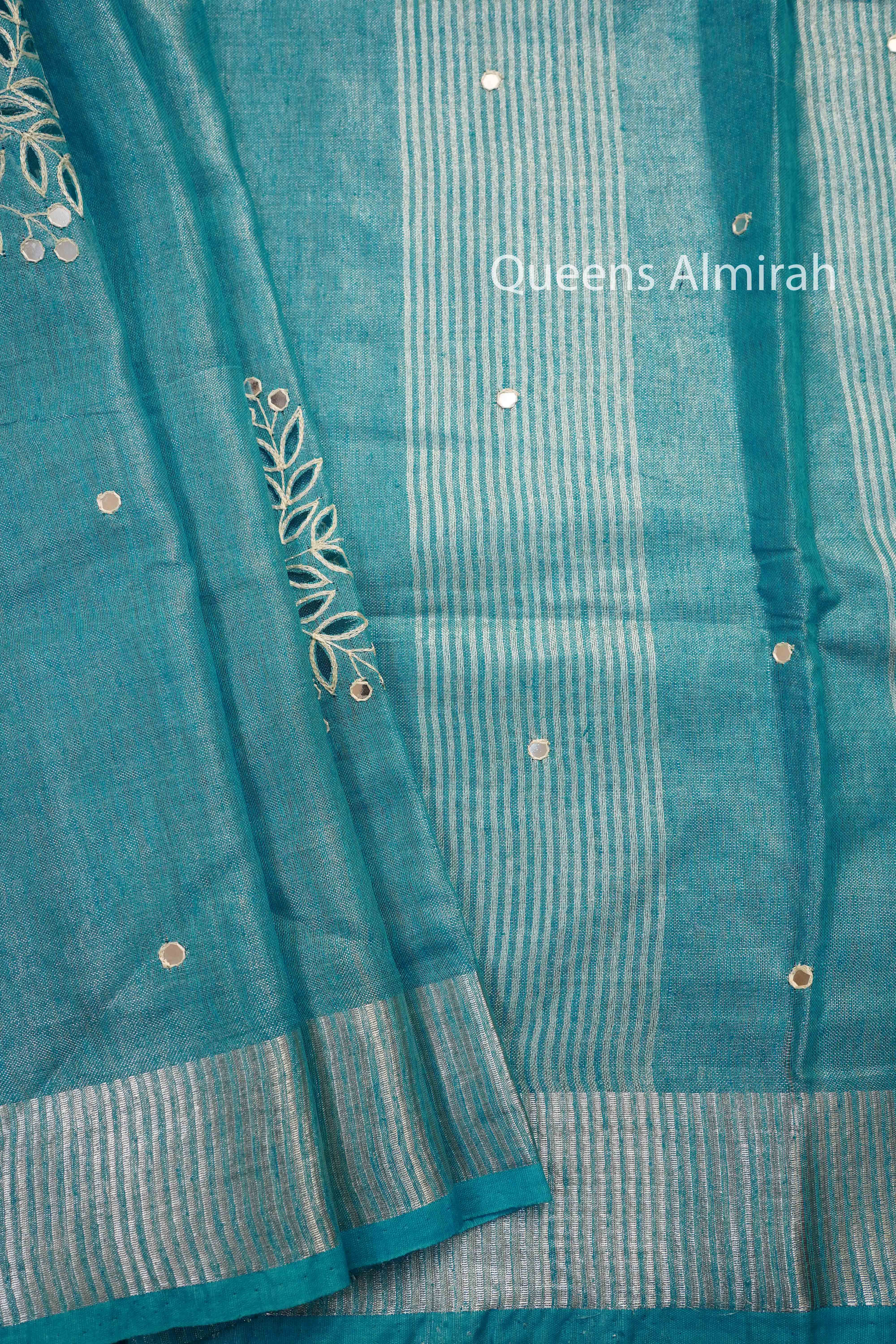 SEA BLUE LINEN TISSUE SAREE - Queens Jewel Emporium