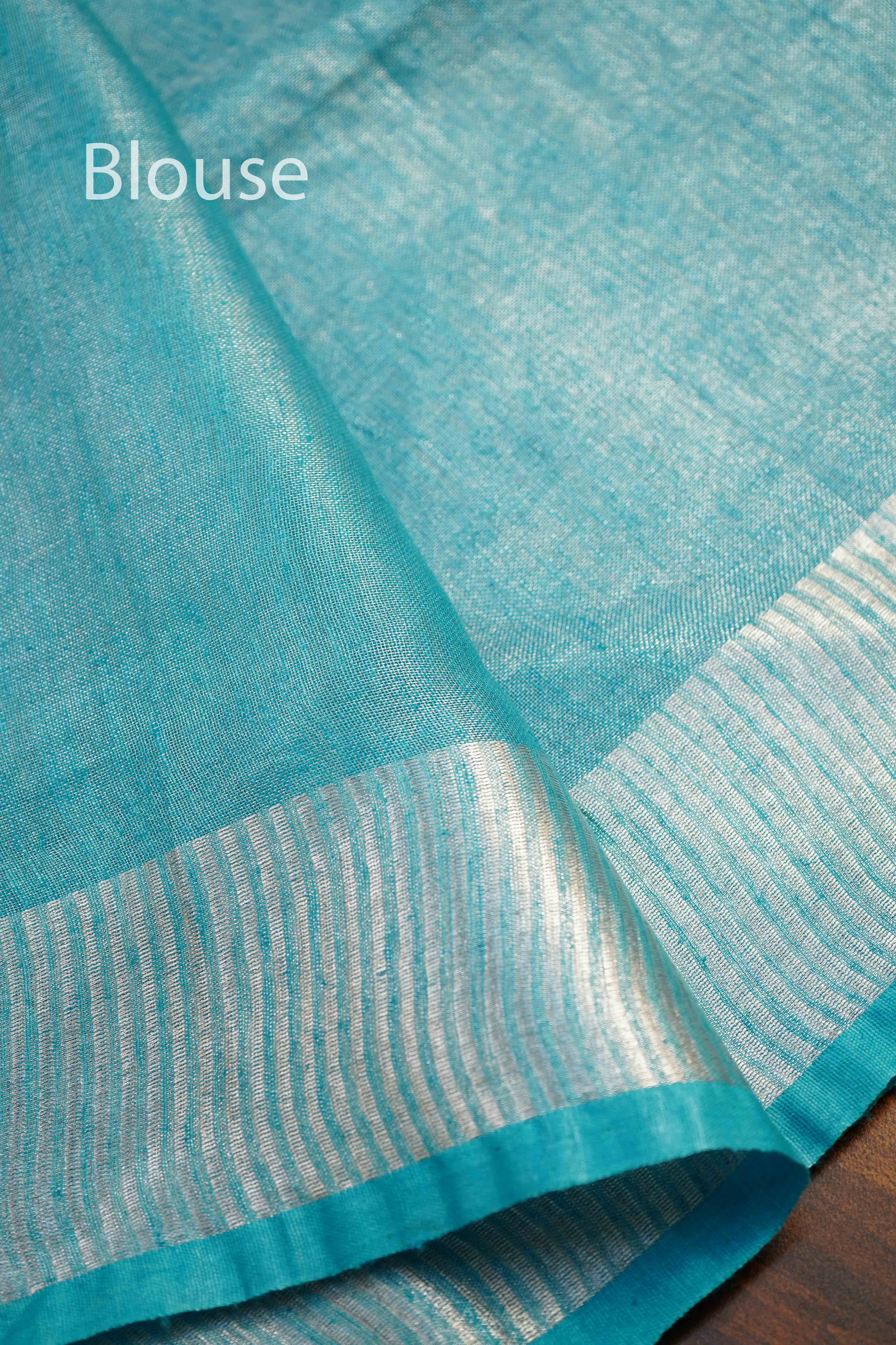 SEA BLUE LINEN TISSUE SAREE - Queens Jewel Emporium