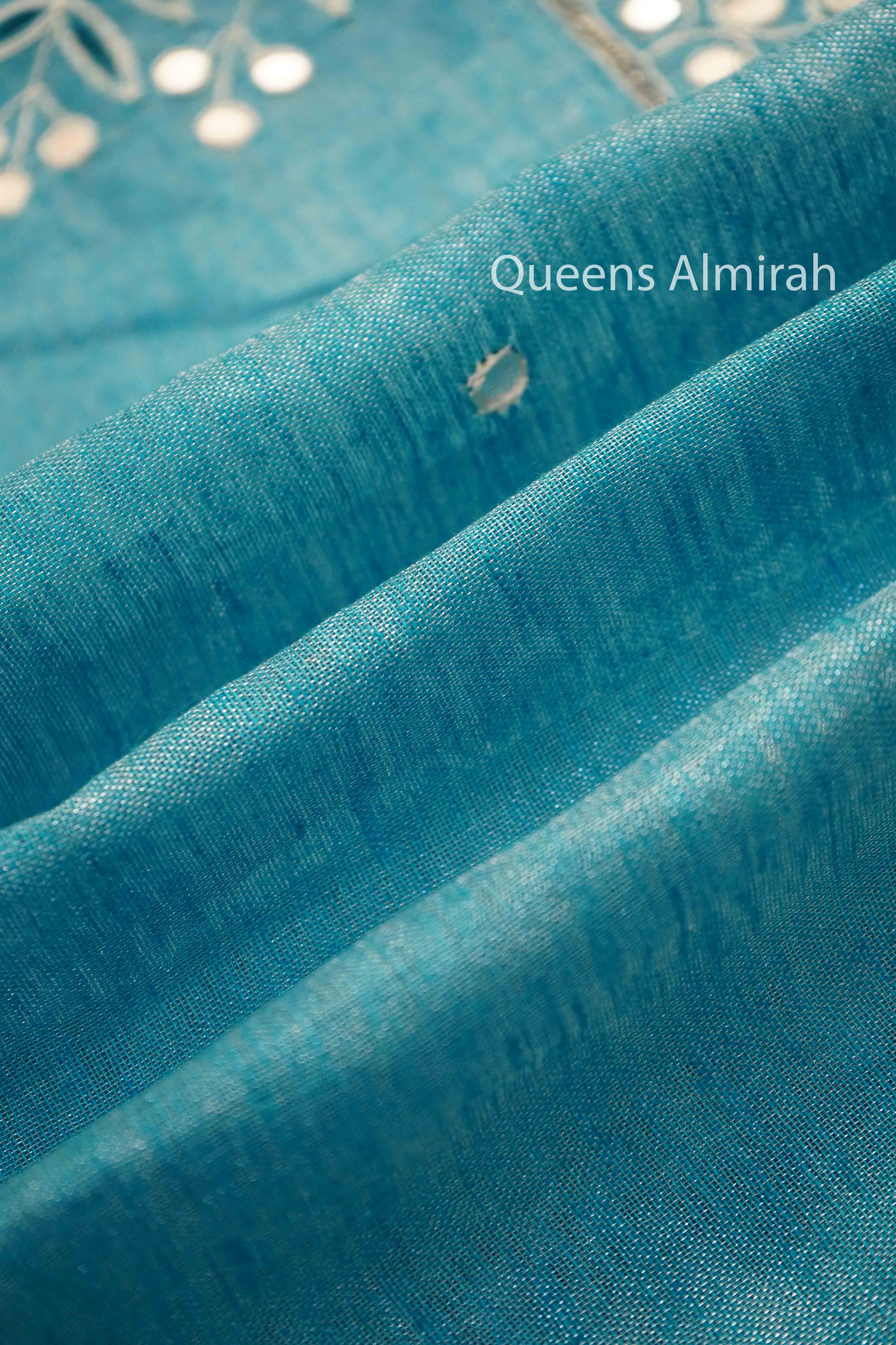 SEA BLUE LINEN TISSUE SAREE - Queens Jewel Emporium
