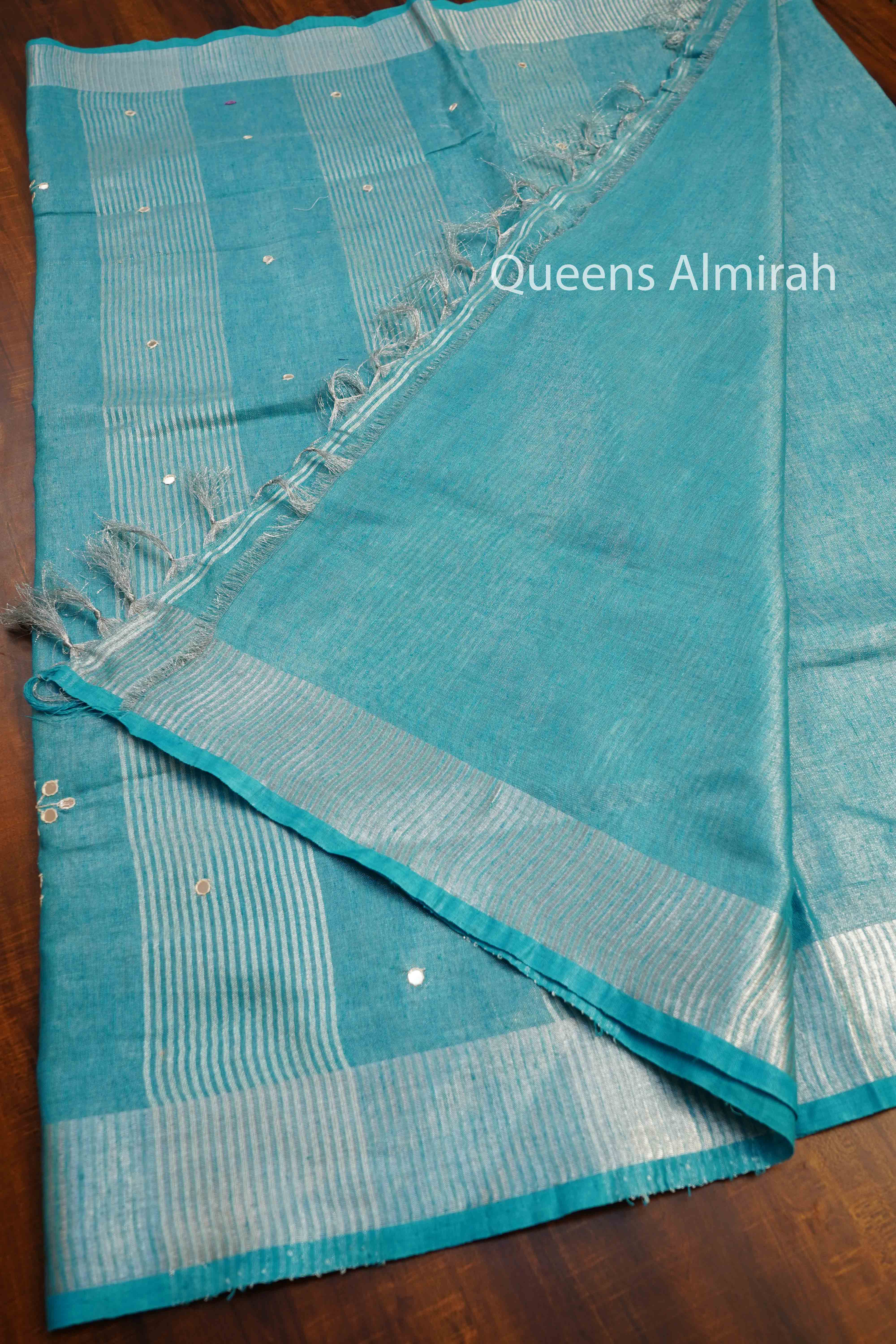 SEA BLUE LINEN TISSUE SAREE - Queens Jewel Emporium