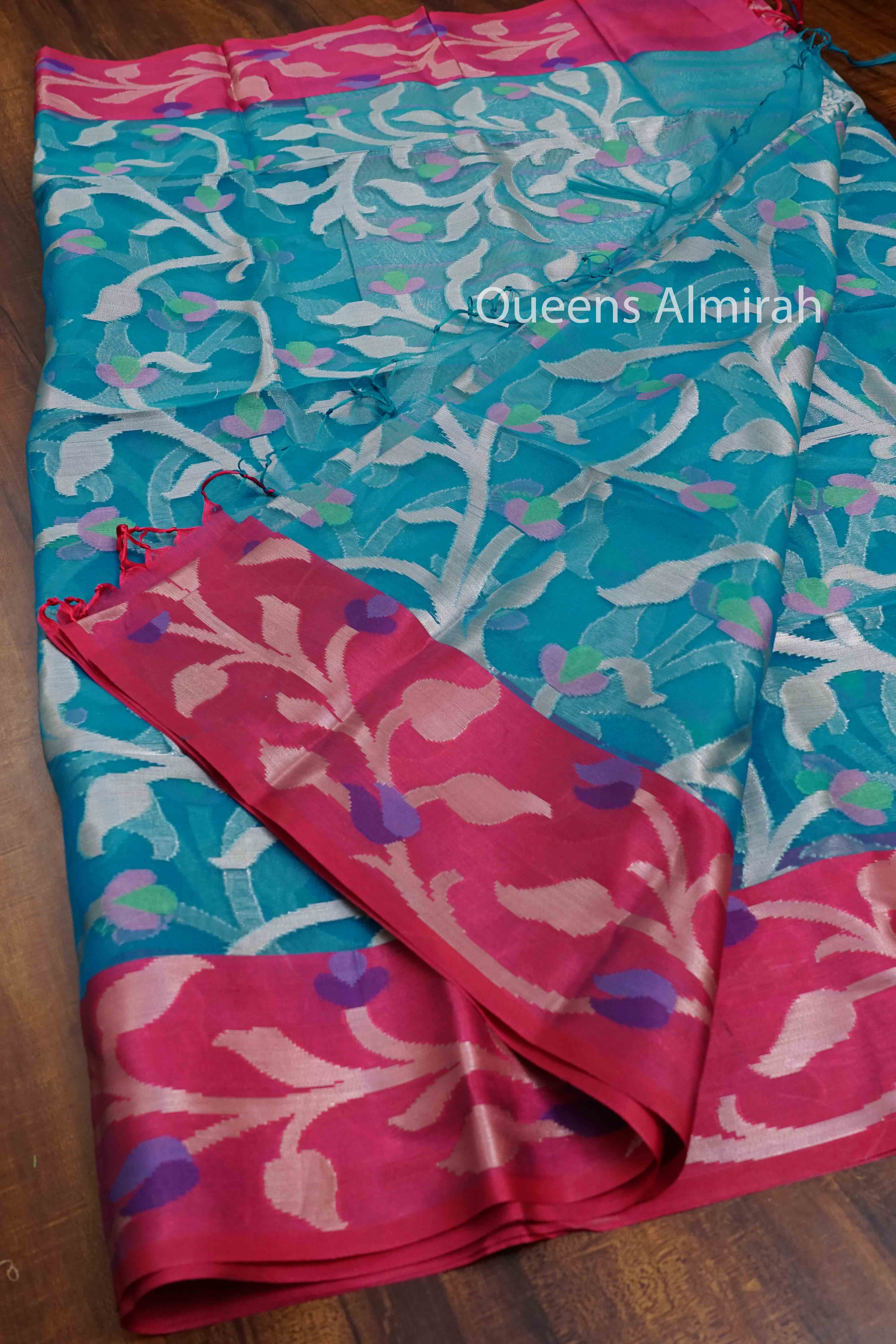 SEA BLUE WITH PINK MUSLIN JAMDANI SAREE - Queens Jewel Emporium
