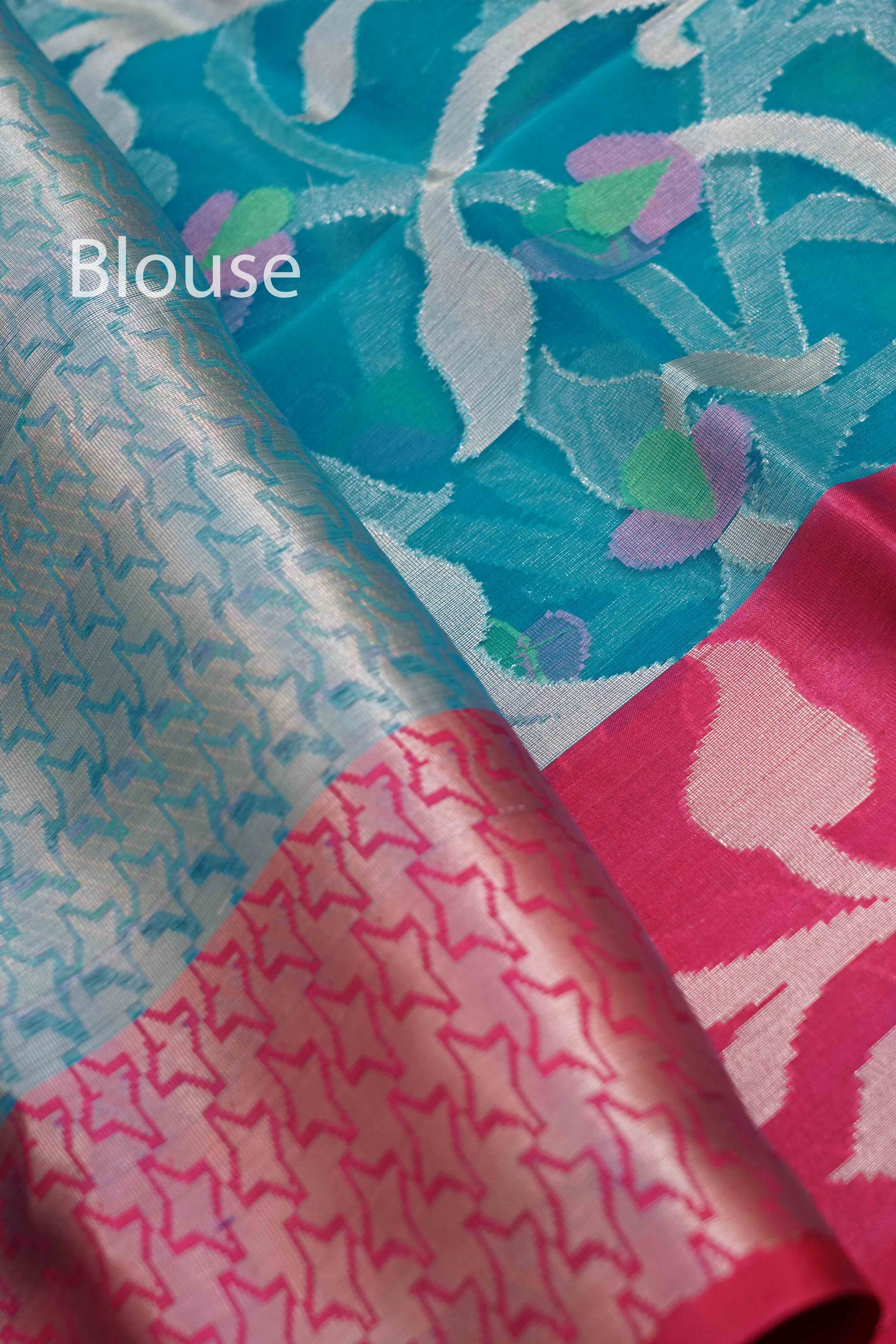 SEA BLUE WITH PINK MUSLIN JAMDANI SAREE - Queens Jewel Emporium