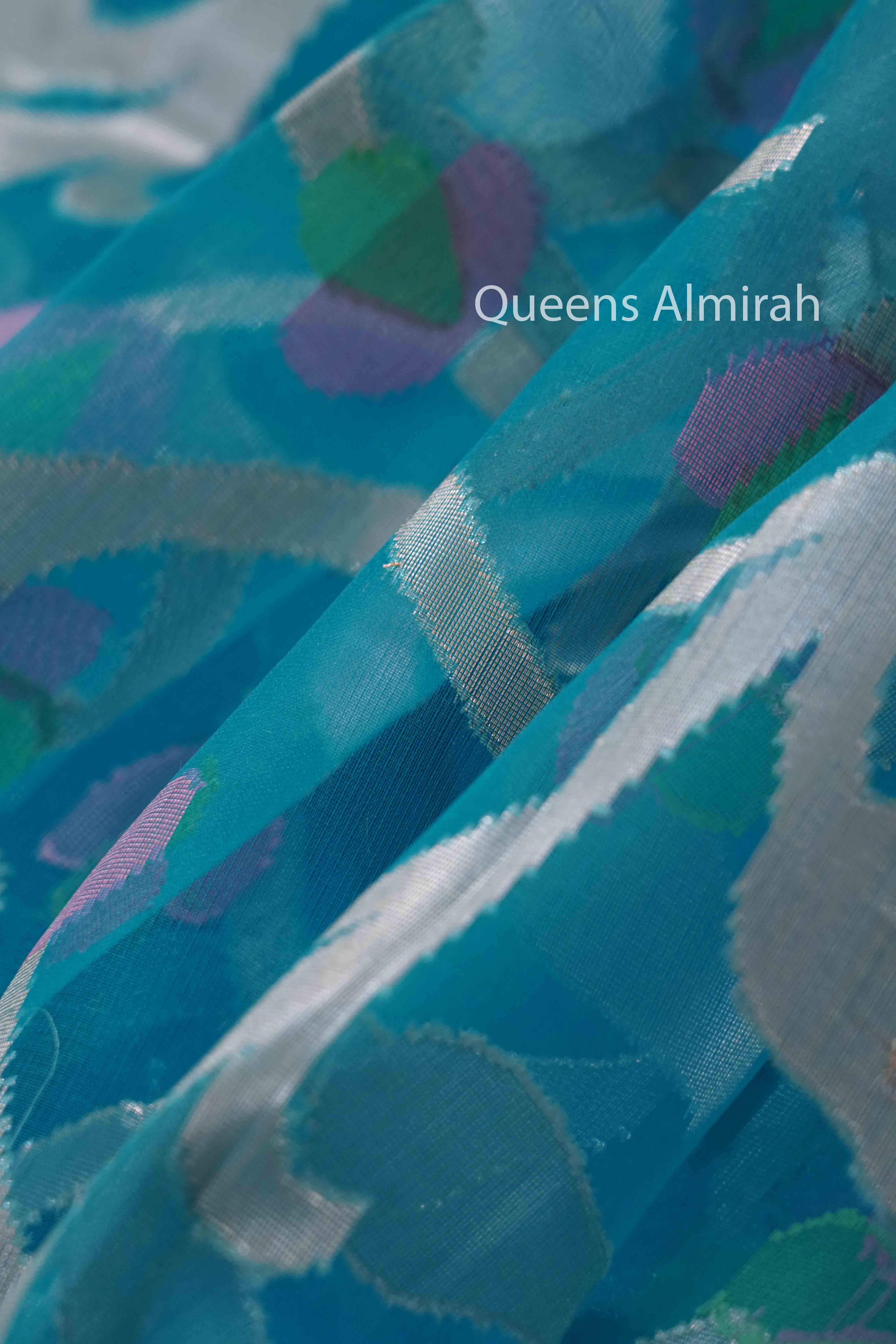 SEA BLUE WITH PINK MUSLIN JAMDANI SAREE - Queens Jewel Emporium