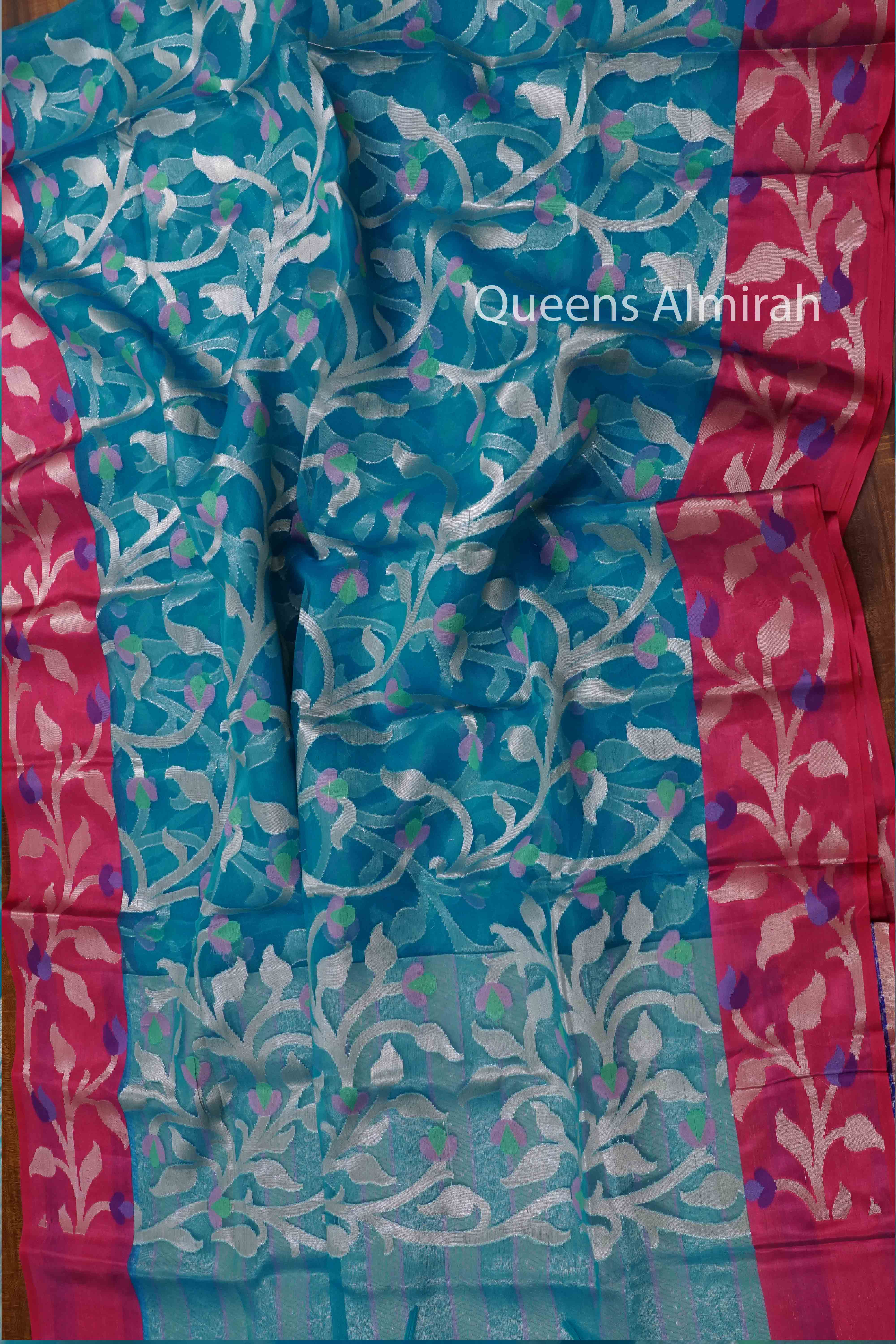 SEA BLUE WITH PINK MUSLIN JAMDANI SAREE - Queens Jewel Emporium