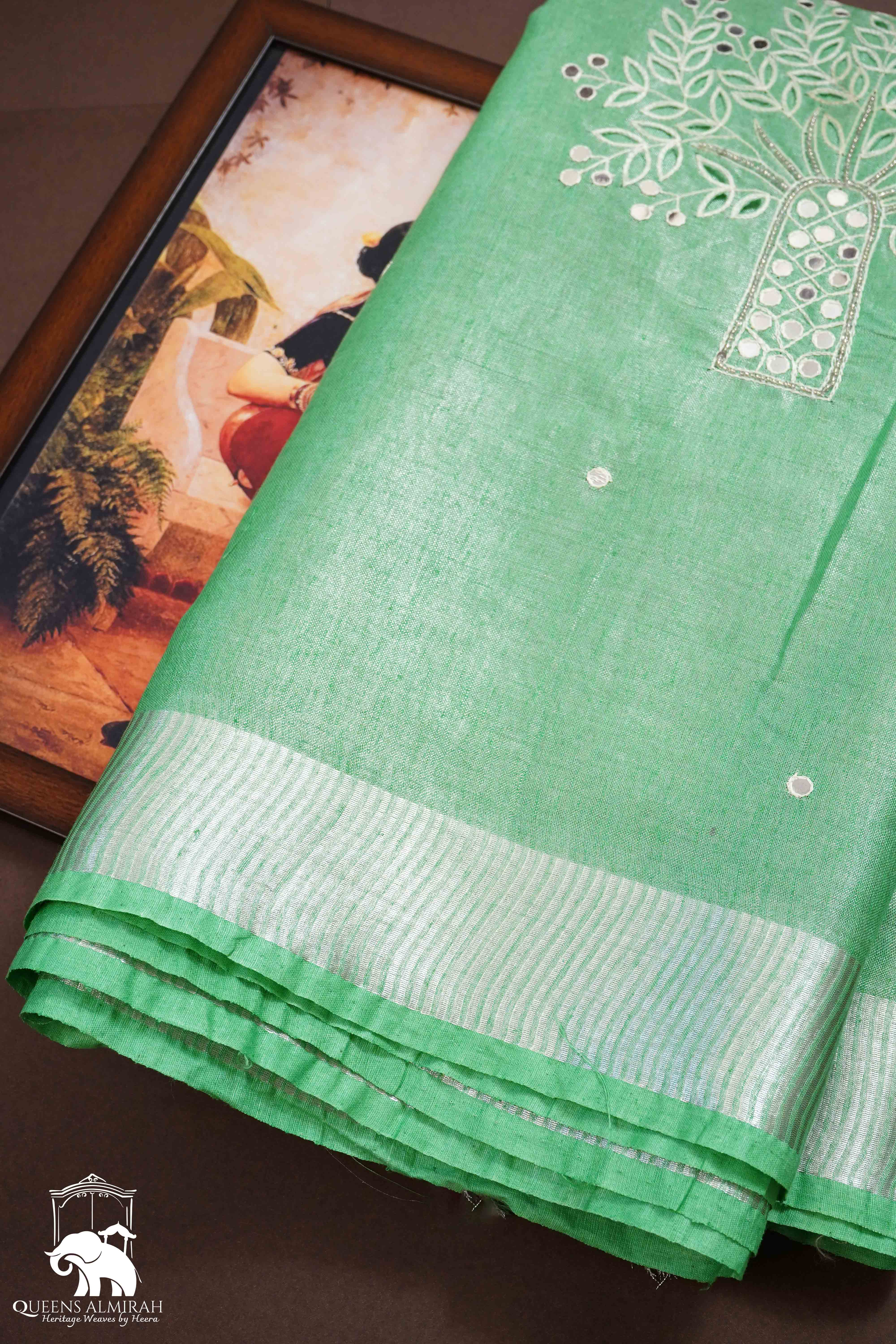 SEA GREEN LINEN TISSUE SAREE - Queens Jewel Emporium