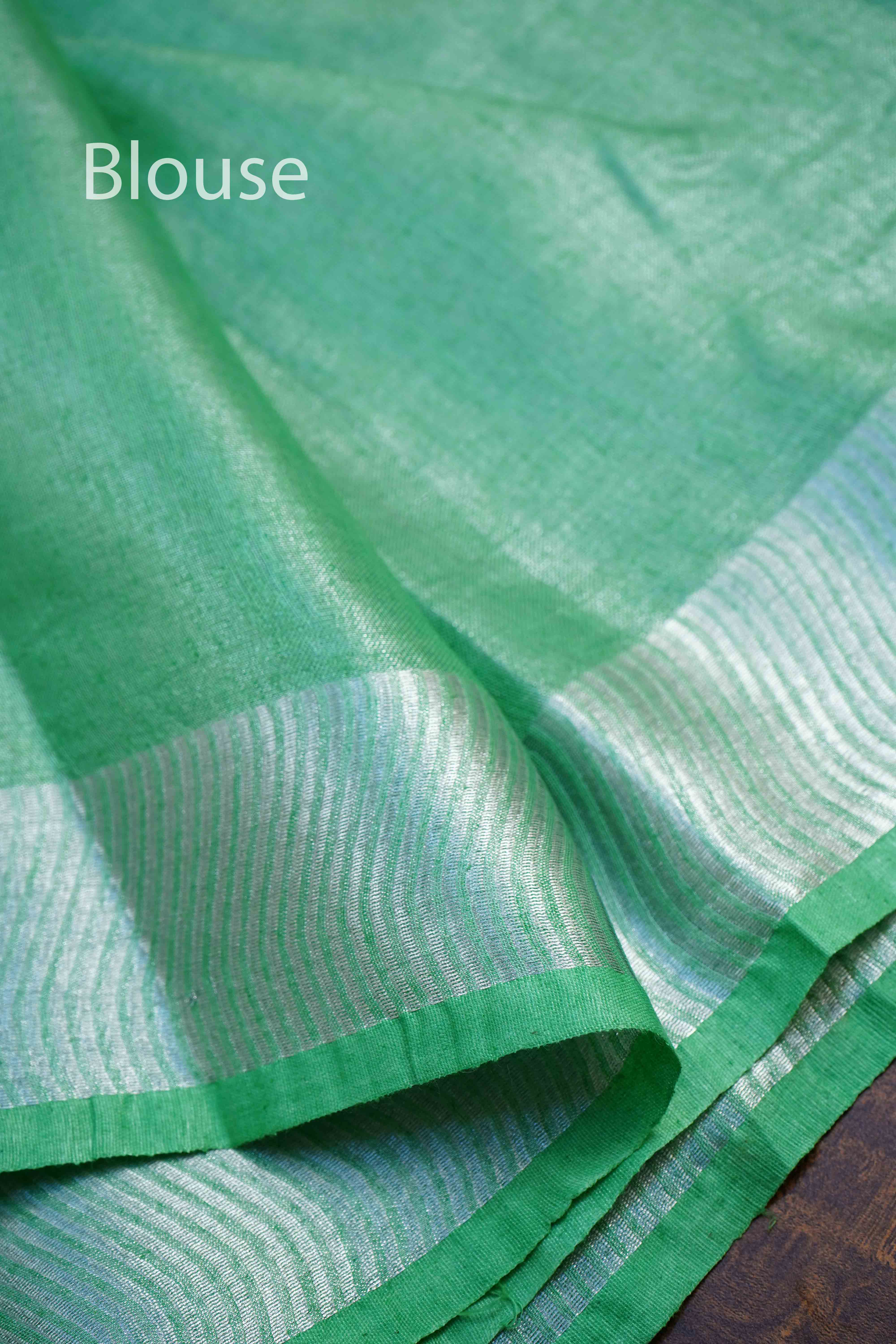 SEA GREEN LINEN TISSUE SAREE - Queens Jewel Emporium