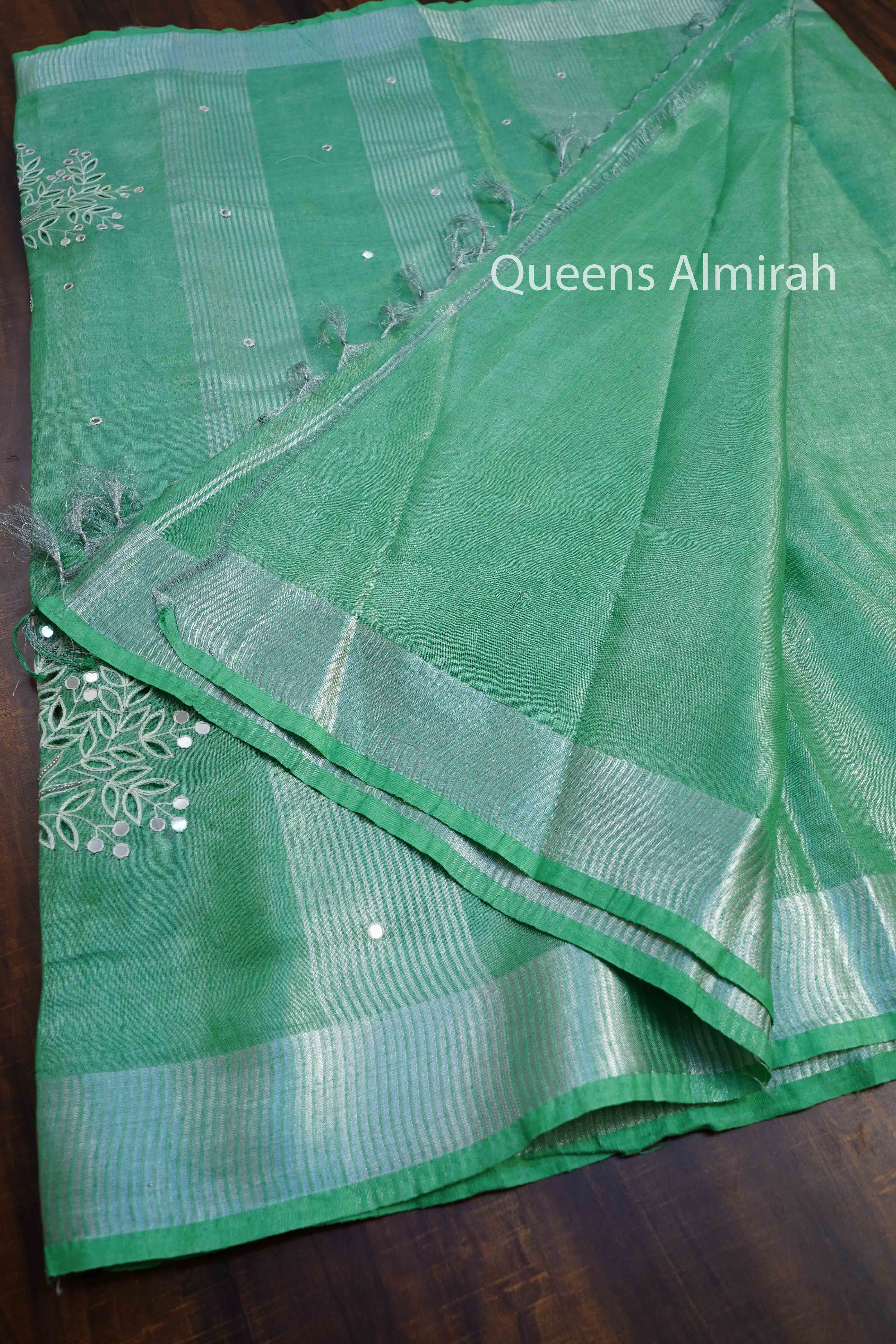 SEA GREEN LINEN TISSUE SAREE - Queens Jewel Emporium