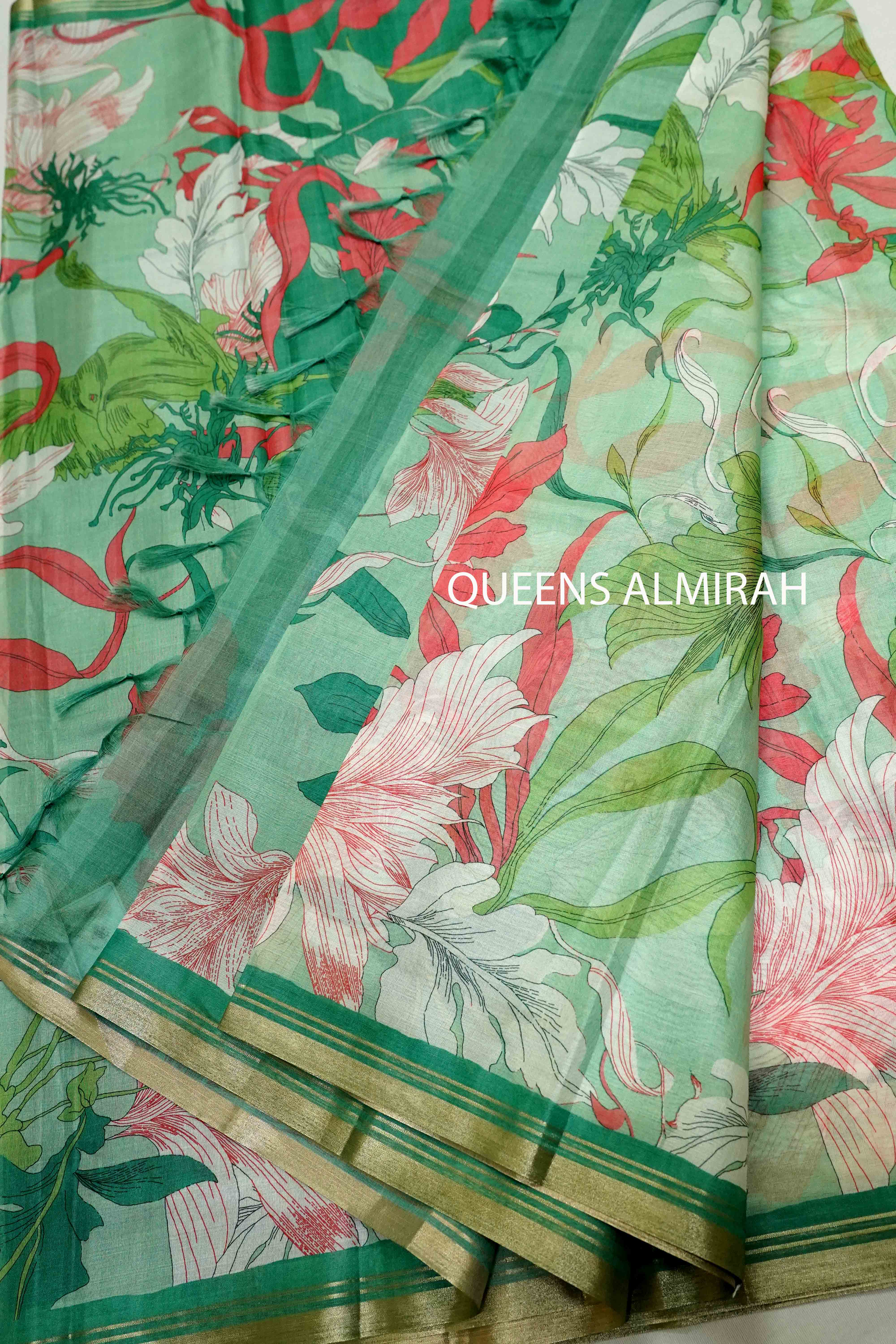 SEA GREEN PRINTED ORGANZA SAREE - Queens Jewel Emporium