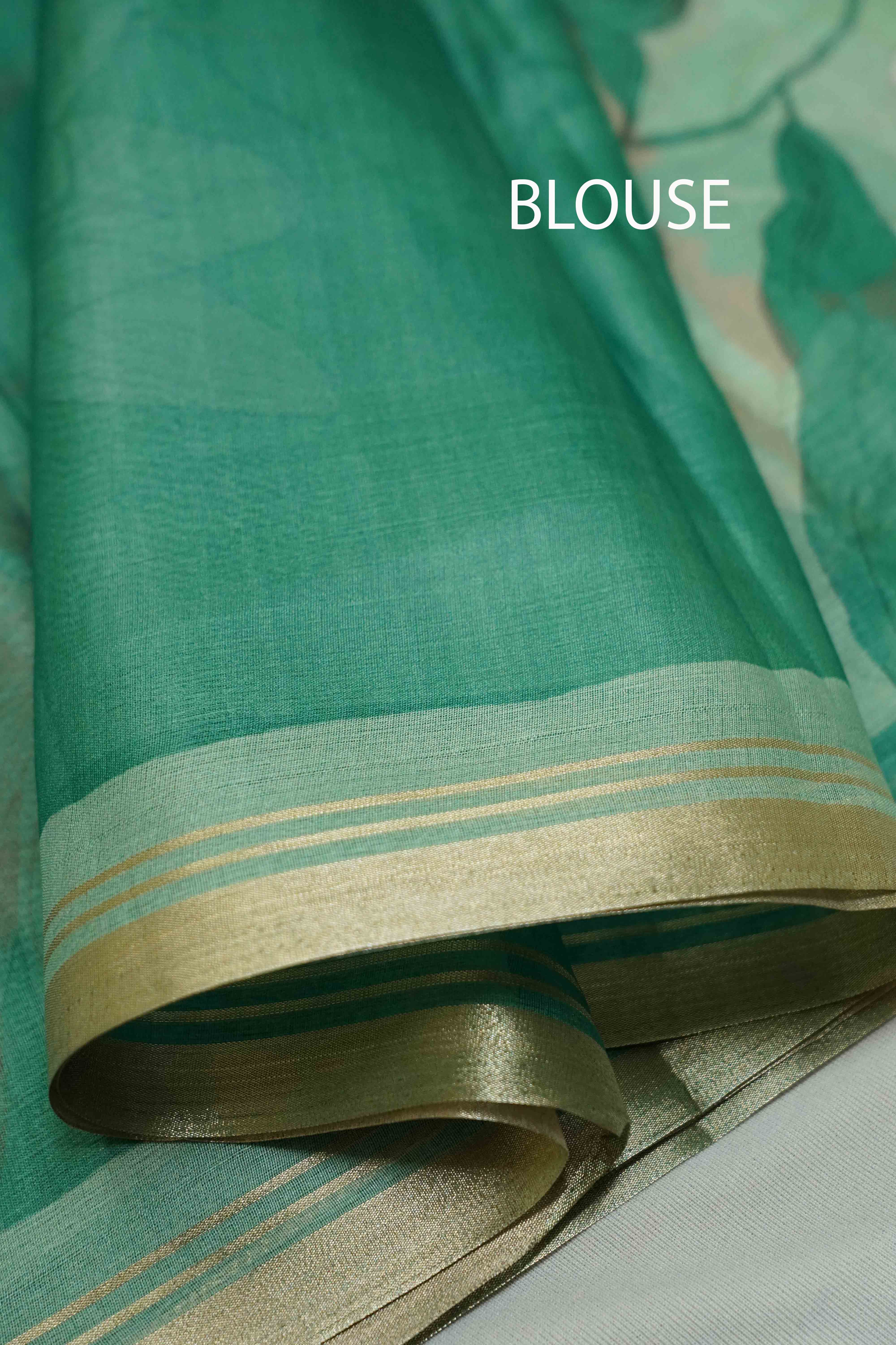 SEA GREEN PRINTED ORGANZA SAREE - Queens Jewel Emporium