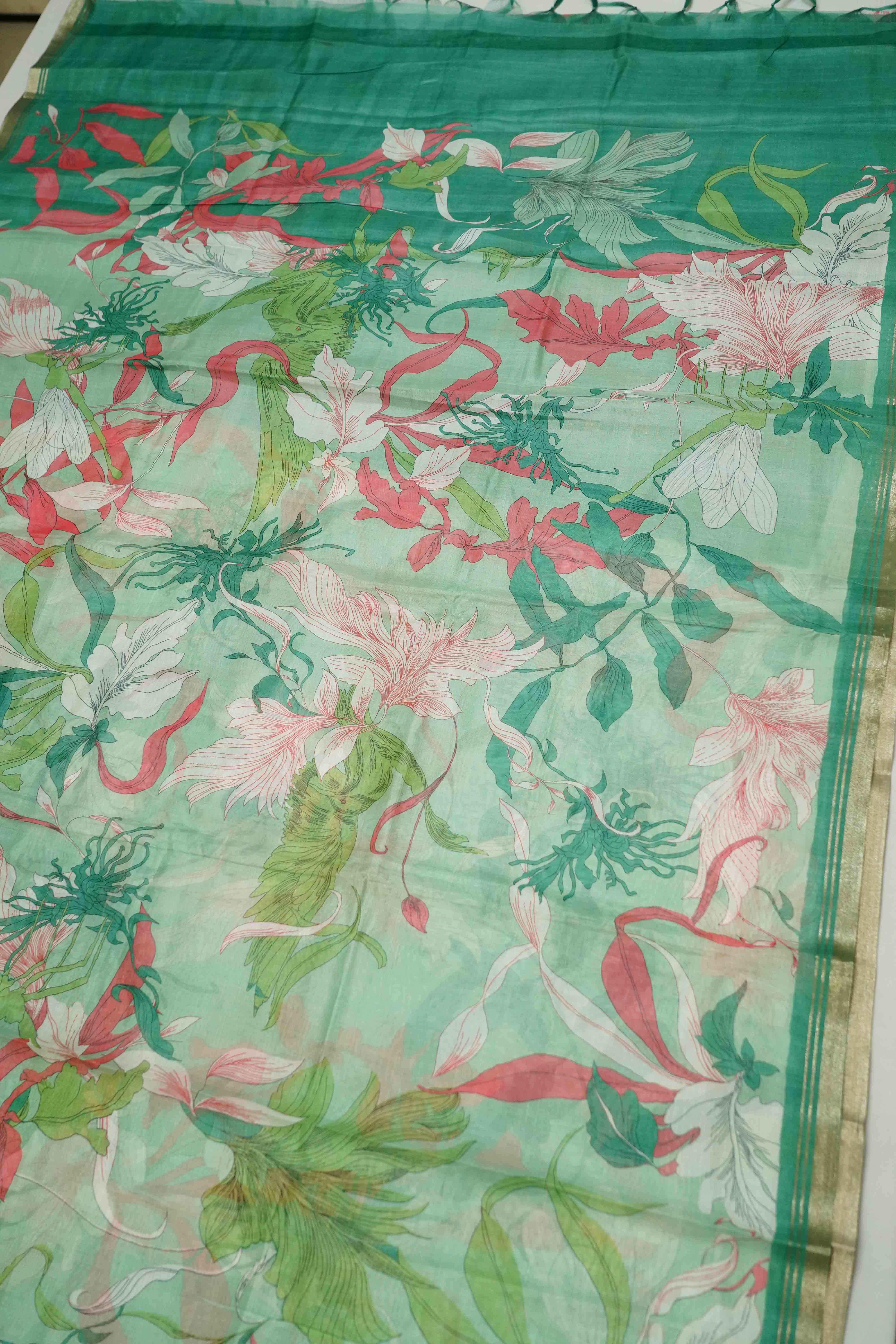 SEA GREEN PRINTED ORGANZA SAREE - Queens Jewel Emporium