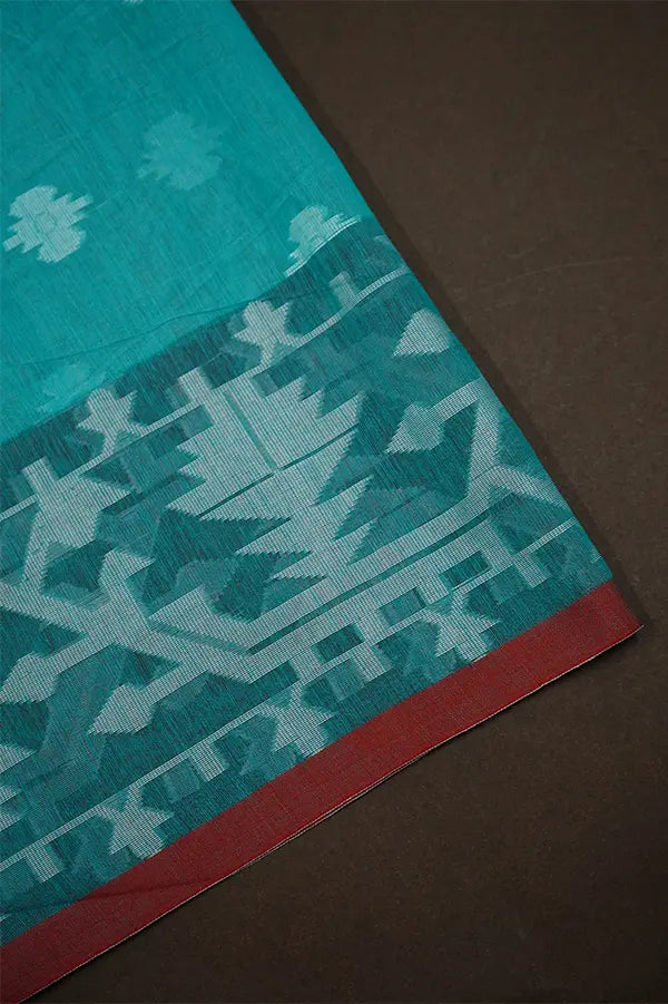 SEA GREEN WITH GREY MUSLIN JAMDANI SAREE - Queens Jewel Emporium