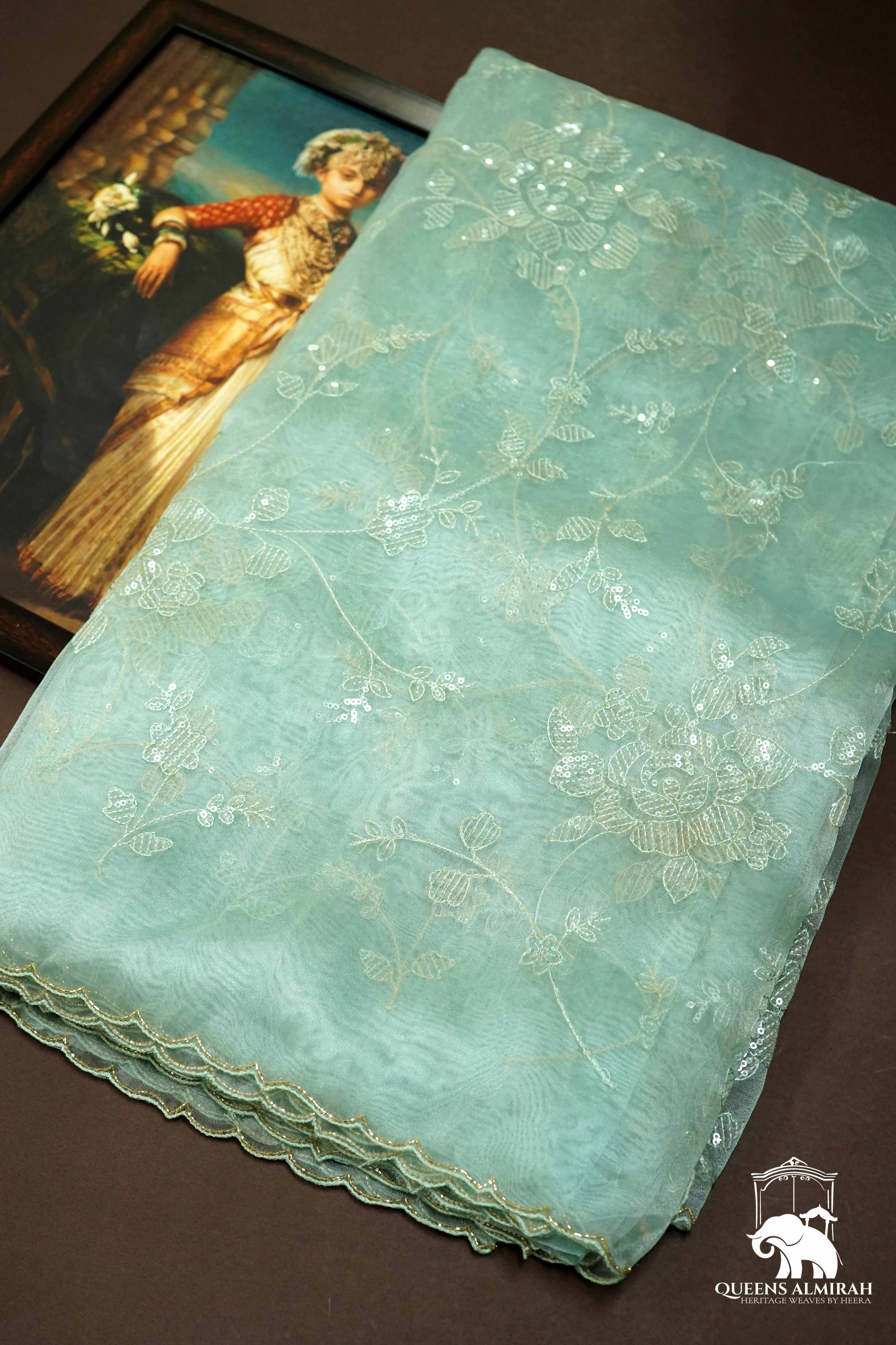 SEAFOAM GREEN WITH SCALLOP BORDER ORGANZA SAREE - Queens Jewel Emporium