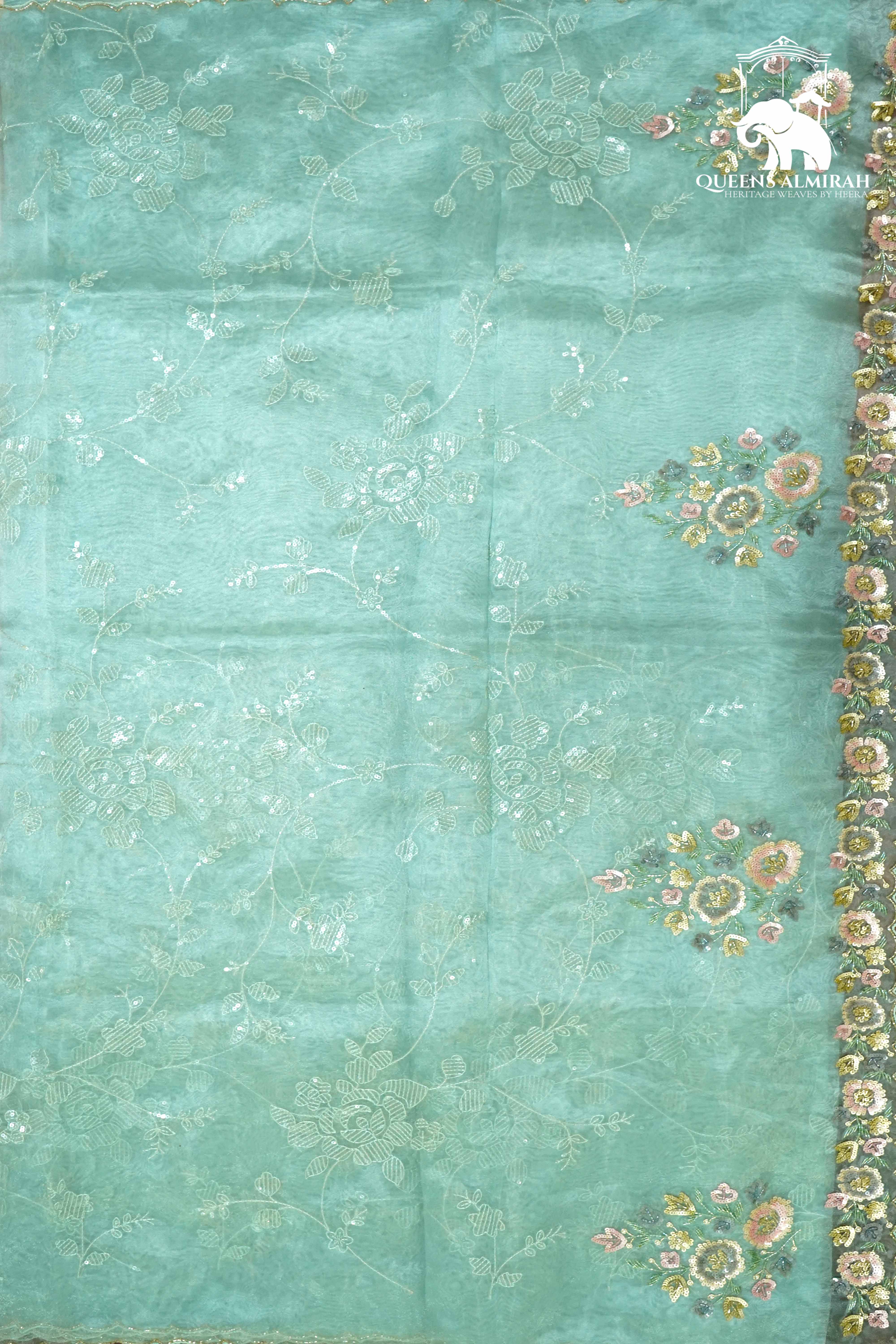 SEAFOAM GREEN WITH SCALLOP BORDER ORGANZA SAREE - Queens Jewel Emporium