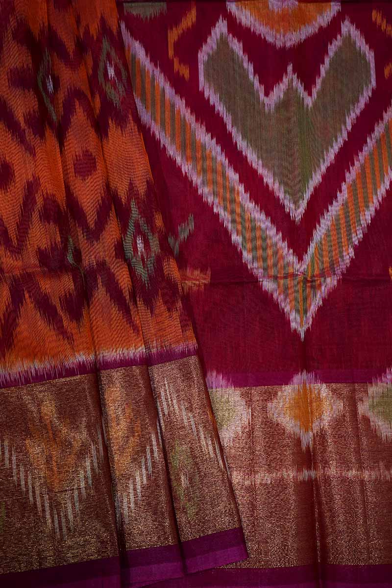 SEMI SILK COTTON SAREE - SAFFRON WITH MAGENTA - Queens Jewel Emporium