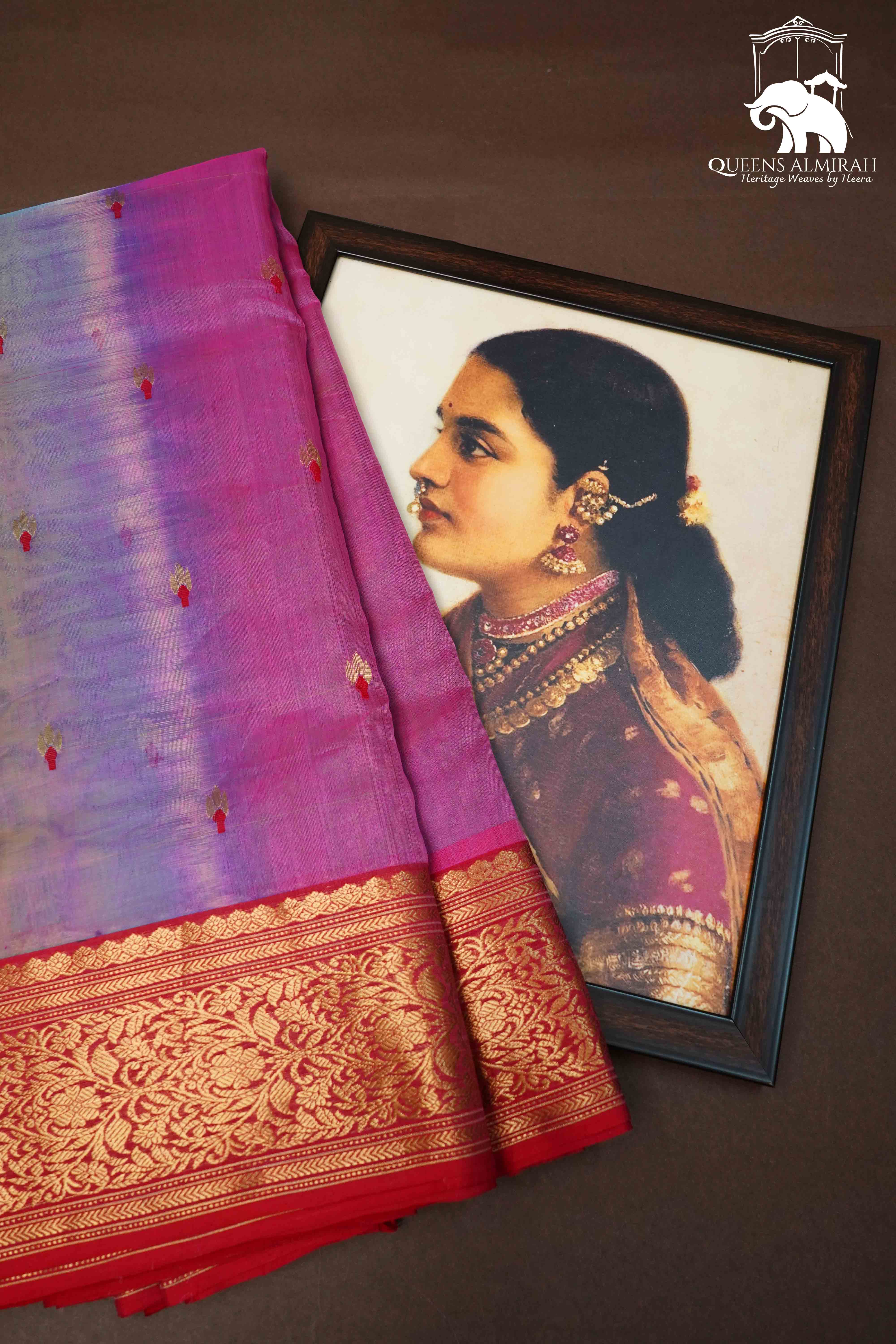 SHADES OF LOVE BIRDS - KATAN HANDLOOM PURE CHANDERI SILK SAREE - Queens Jewel Emporium